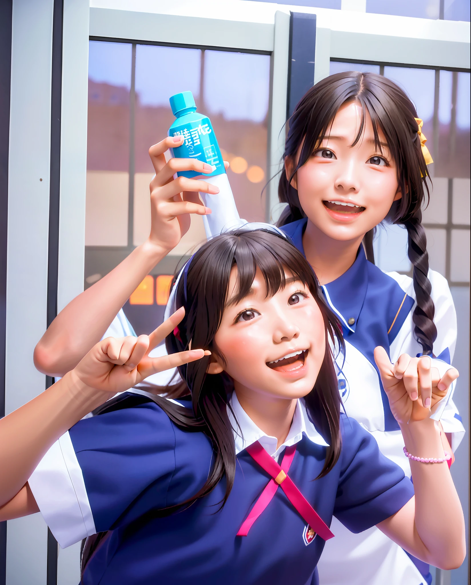 two asian girls in school uniforms posing for a picture, two japanese schoolgirls posing, nixeu and sakimichan, seifuku, ulzzang, head and shoulders photography, student, wearing japanese school uniform, head and shoulders shot, japanese high school, twintails hairstyle, japanese school uniform, profile pic, wave a hand at the camera