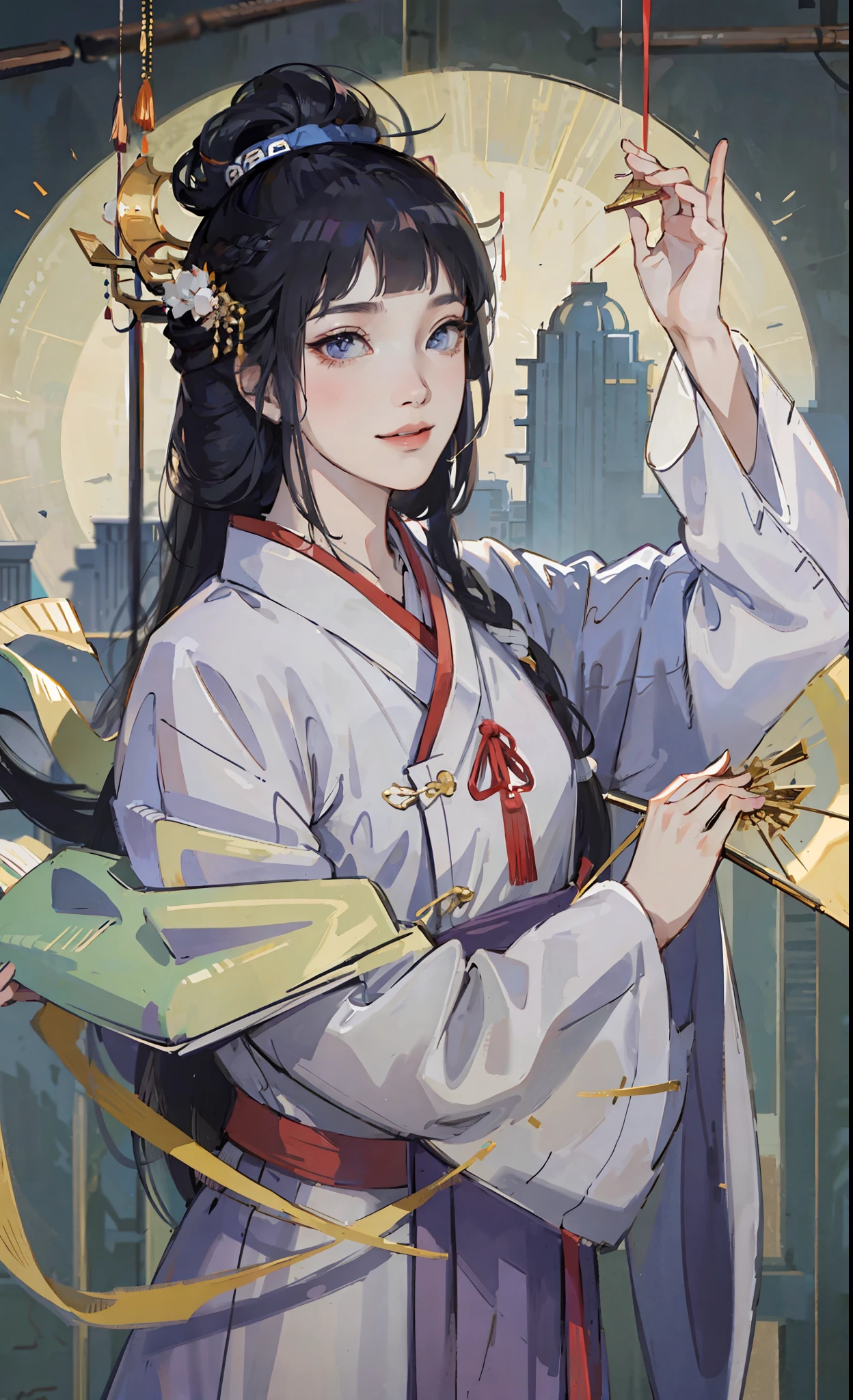 A girl, ancient Chinese costume, whole body, sunshine, clear face, clean white background, masterpiece, super detail, epic composition, ultra HD, high quality, extremely detailed, official art, uniform 8k wallpaper, super detail, 32k, ((blunt bangs)), extremely detailed character, detailed lips,  dark blue hair,  hinata/(boruto/),  smile,  ((long hair))