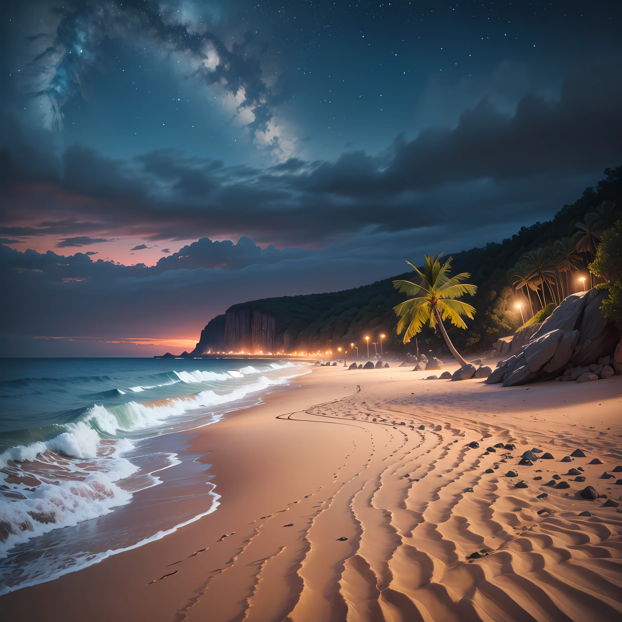 Ultra realistic landscape of a beach at night