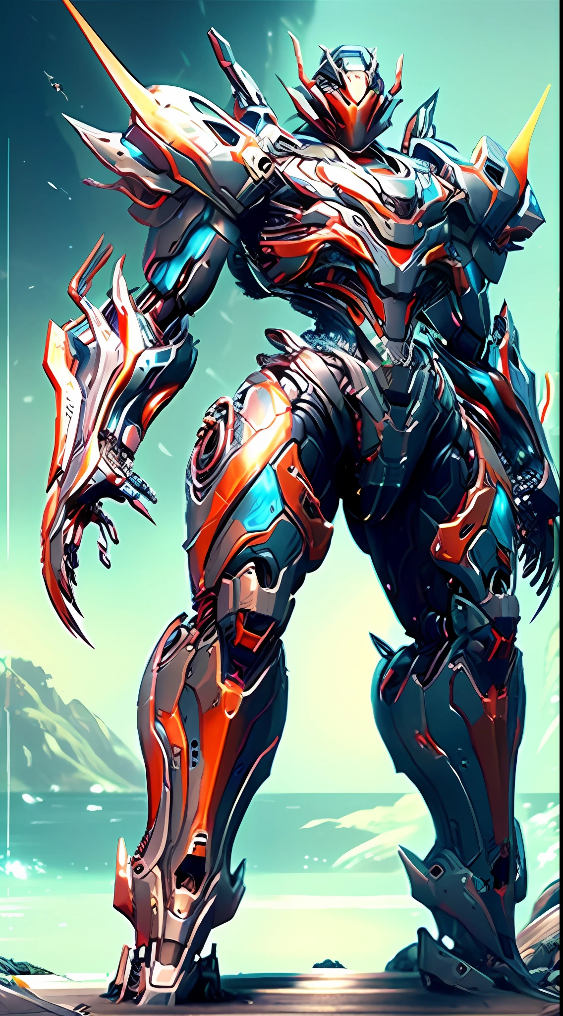 8K resolution, top picture quality, super detail, robot standing by the sea, sea level background, huge mecha robot, mecha art, mecha aesthetics, realistic fighter mech, cool mech style, humanoid mech, colorful, worn mech, holding a weapon