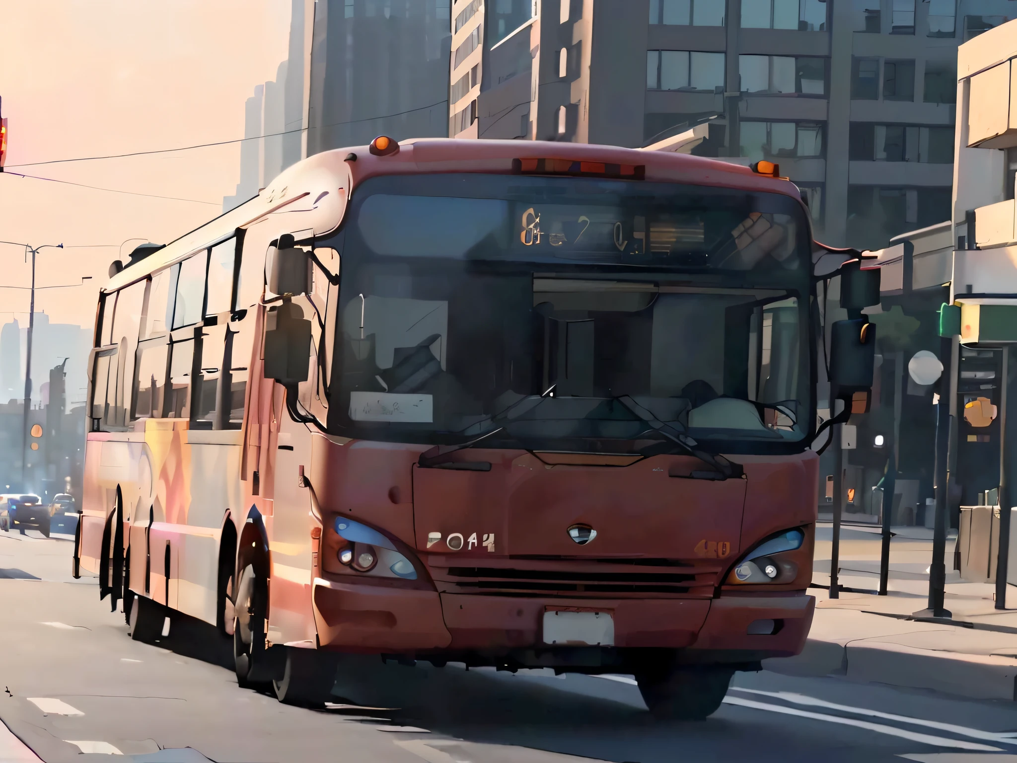 arafed bus on a city street with buildings in the background, buses, bus, public bus, by John La Gatta, ( ( ( buses, by Kurt Roesch, 2070, 4 0 9 6, 2 0 5 6, video, 2045, by Jason Felix, by Richard Hess, by Kuno Veeber