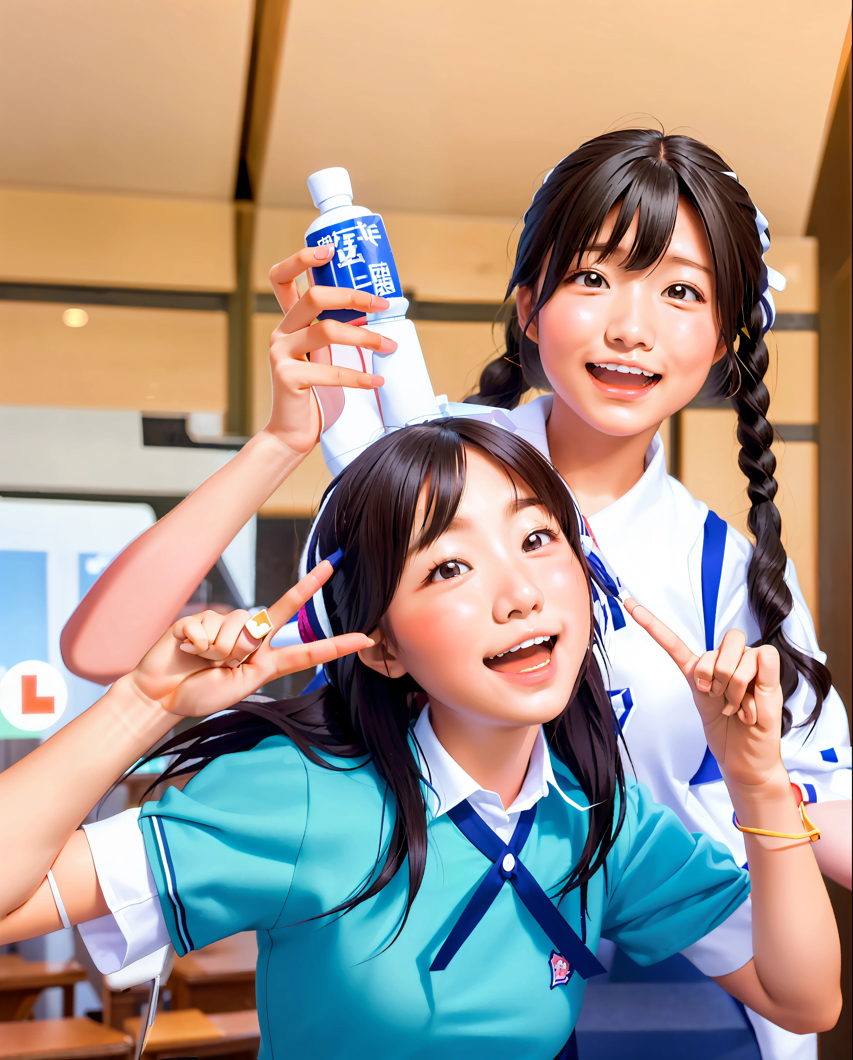 two asian girls in school uniforms posing for a picture, two japanese schoolgirls posing, nixeu and sakimichan, seifuku, ulzzang, head and shoulders photography, student, wearing japanese school uniform, head and shoulders shot, japanese high school, twintails hairstyle, japanese school uniform, profile pic, wave a hand at the camera