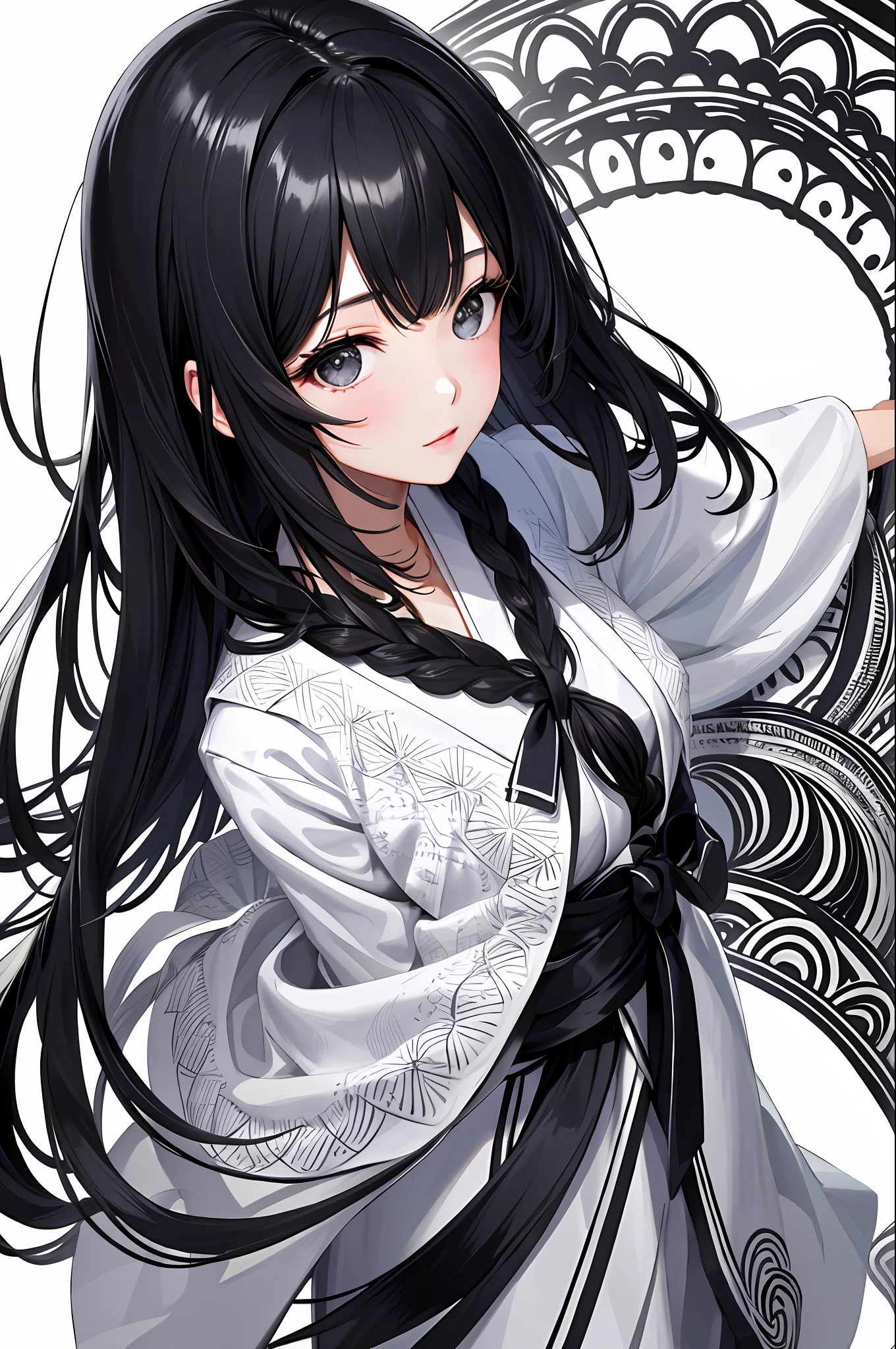 , long eyelashes, 1girl, cute, young, mature face, Japanese woman, (bangs, black_hair, hair_between_eyes, medium_hair:1.2) realistic face, realistic body,, (Master's work), (zentangle:1.2), negative space, Tyndall Effect, light background,(white background:1.5), (full body), shiny skin, shiny hair, vibrant color,, absurdres, high-res, ultra-detailed, scenery,