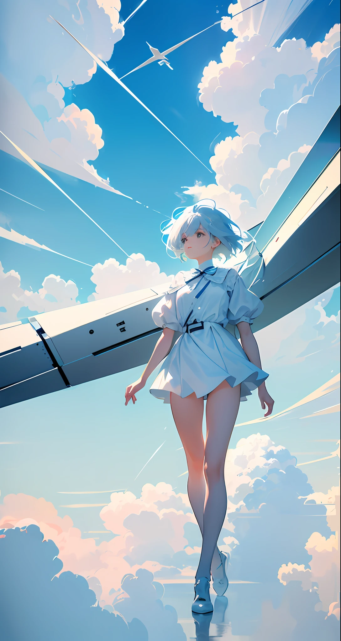 Masterpiece, Best Quality, Film Stills, 1girl, Floating in the Sky, Cloud Girl, Clouds, (Close-up: 1.1), Bright, Happy, Funny, Soft Light, (Bauhaus, Shapes, Lines, Abstract: 1.1), Nudity