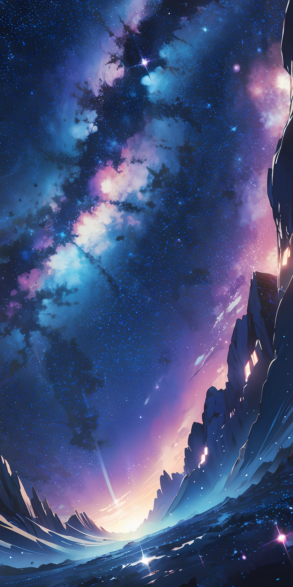 manga cover style with blue background, no people, landscape, starry sky, space visual style of a comic book cover, space, stars, purple and blue colors