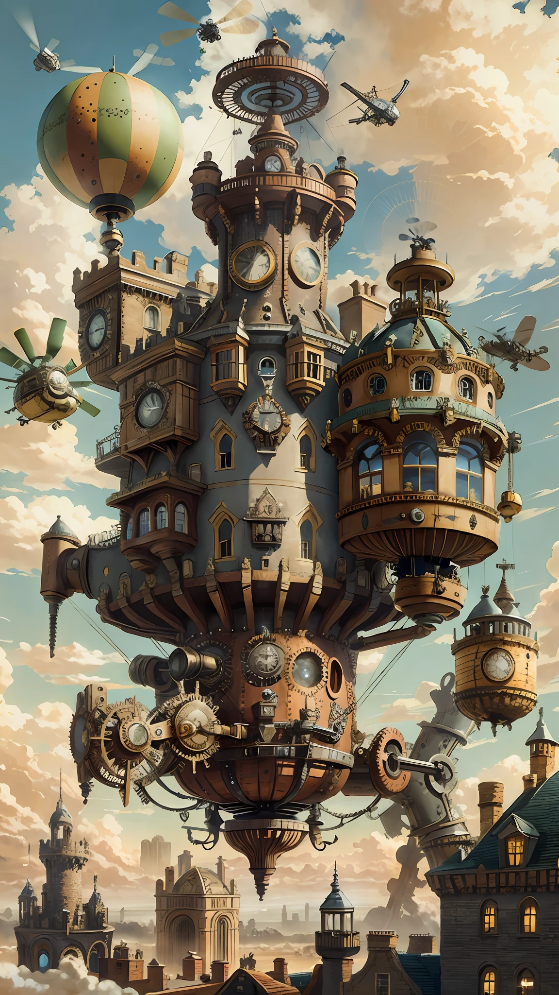 SteamPunkAI, Cogpunk helicopter, city castle, steampunk