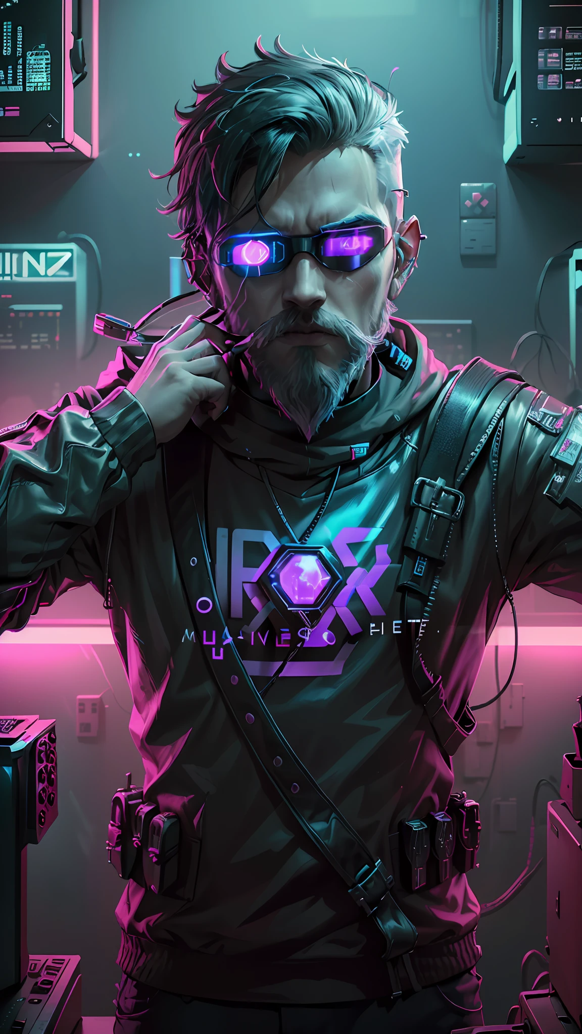 ((Best quality)), ((masterpiece)), (highly detailed: 1.3), 3D, NeonNoir, boy with white beard, cyberpunk, (using head-mounted display that is thick and hi-tech: 1.2), using a cover, hacking a computer terminal, PURPLE NEON MONITOR LIGHT, GREEN NEON SIGNS ON THE WALL,