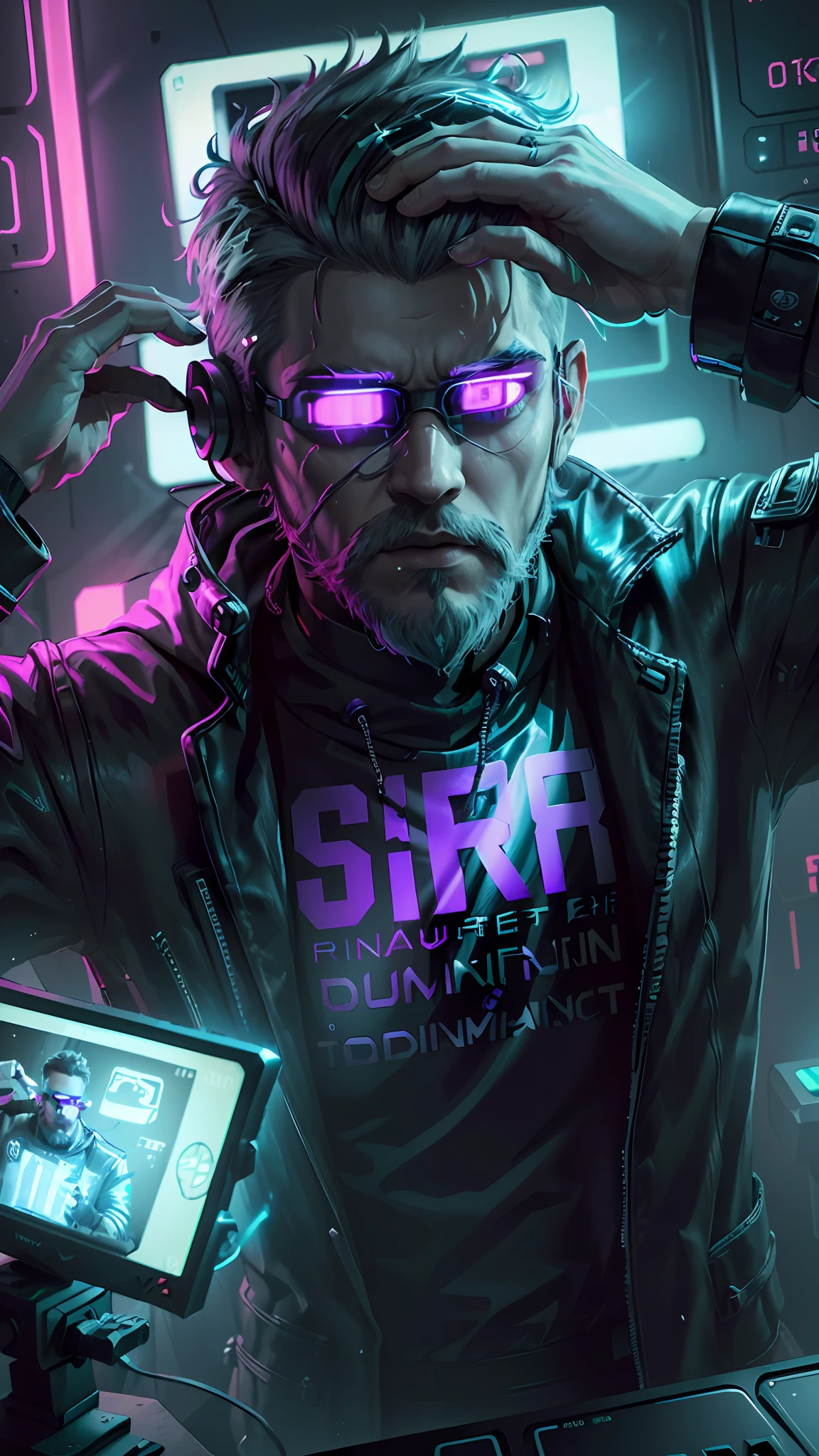 ((Best quality)), ((masterpiece)), (highly detailed: 1.3), 3D, NeonNoir, boy with white beard, cyberpunk, (using head-mounted display that is thick and hi-tech: 1.2), using a cover, hacking a computer terminal, PURPLE NEON MONITOR LIGHT, GREEN NEON SIGNS ON THE WALL,