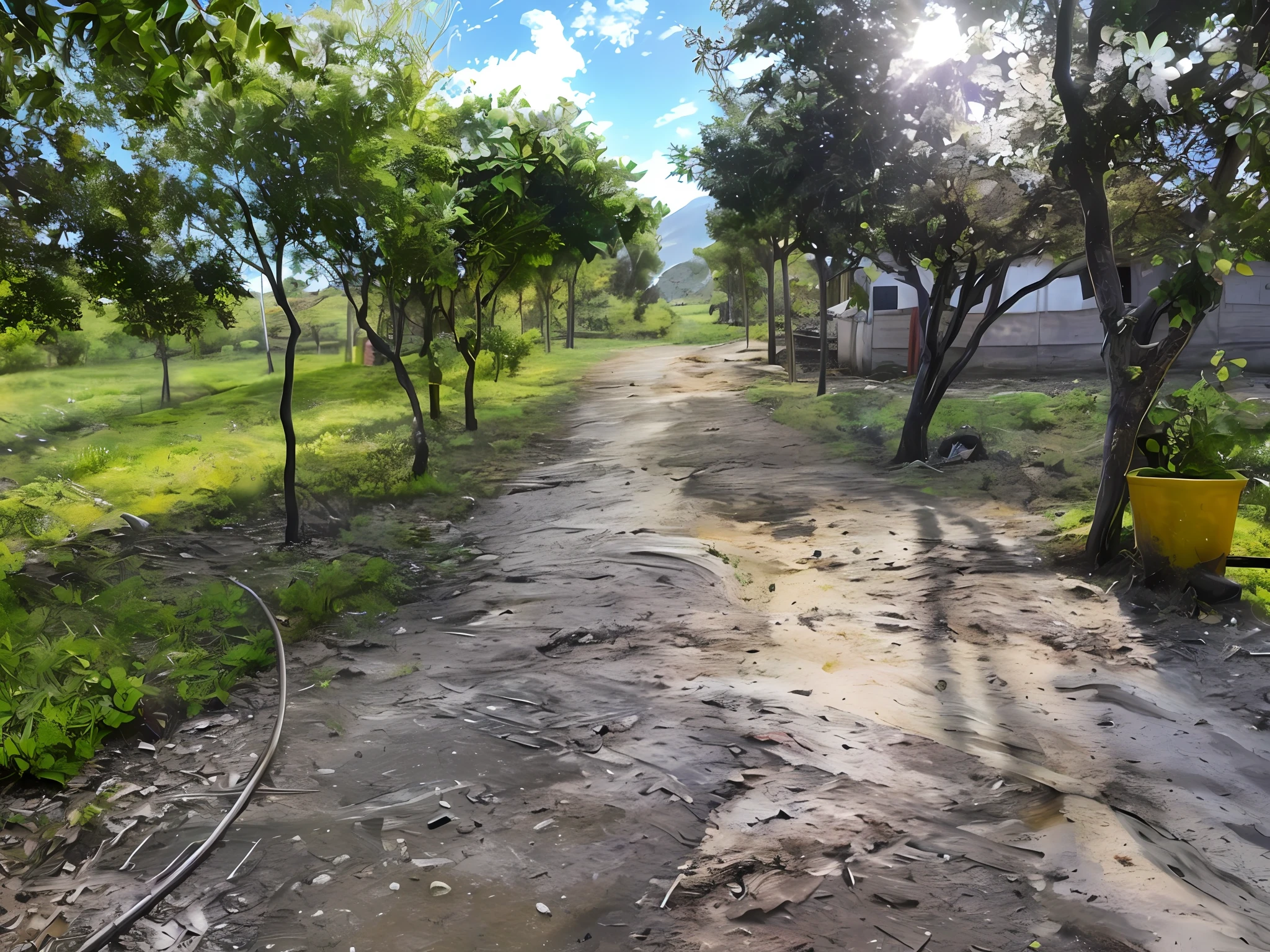 there is a dirt road that has a yellow container in the middle of it, next to farm fields and trees, with fruit trees, dirt road, traveling long dirt road, driveway, pathway, large path, trees in the background, farm land, rocky ground with a dirt path, with trees, garden with fruits on trees, dirt road background, with lots of vegetation