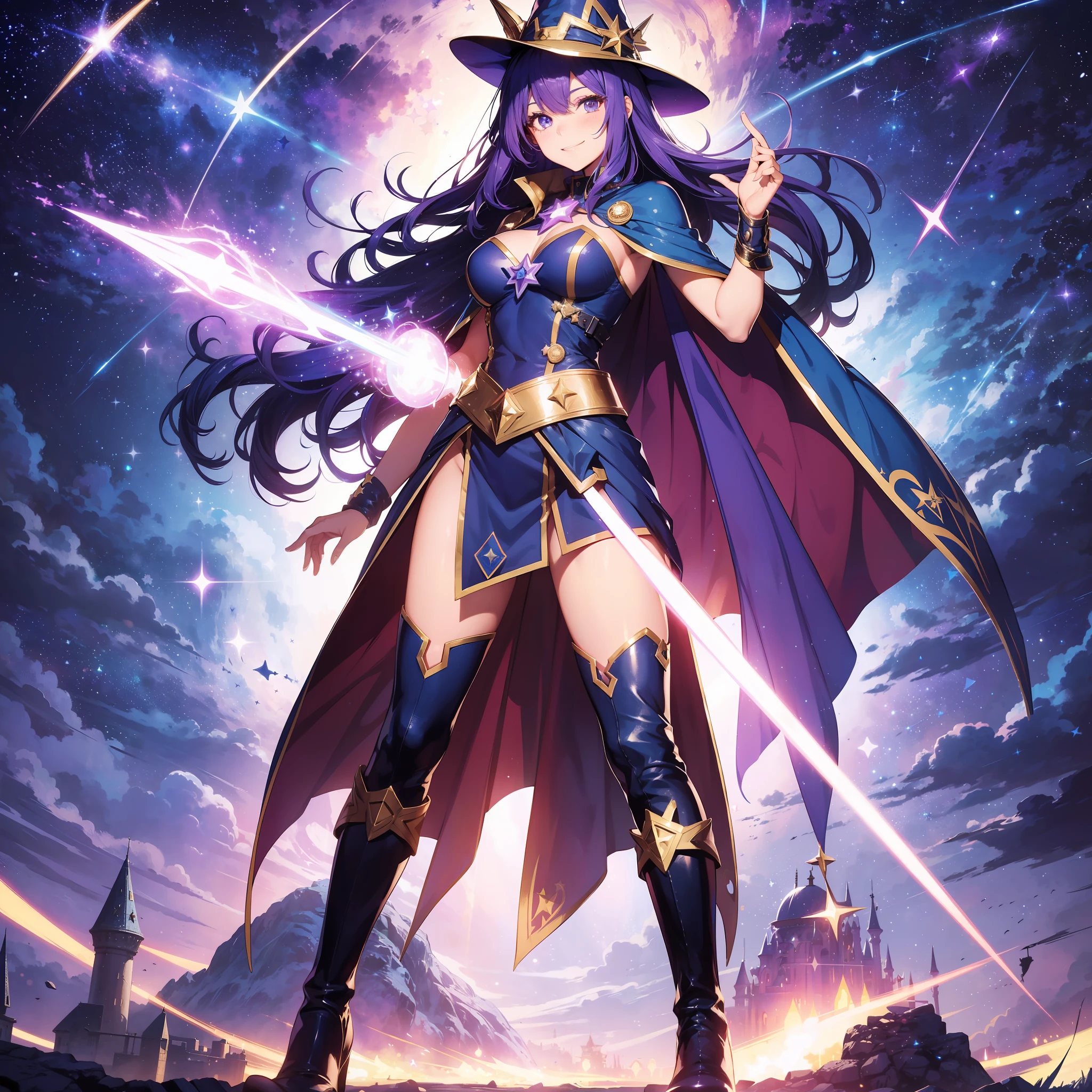 a super heroine with a heroic pose, HD, (Smiling), (Design of her costume related to the stars), (design of her cape with stars), starry sky in the background, Artwork, Magestuous, Beautiful, (purple and blue hair), long hair, ((Design of her costume inspired by a magician)), ((Wizard hat on her head)), (Casting a spell), cosmic power, stars in his eyes, ((Long boots))