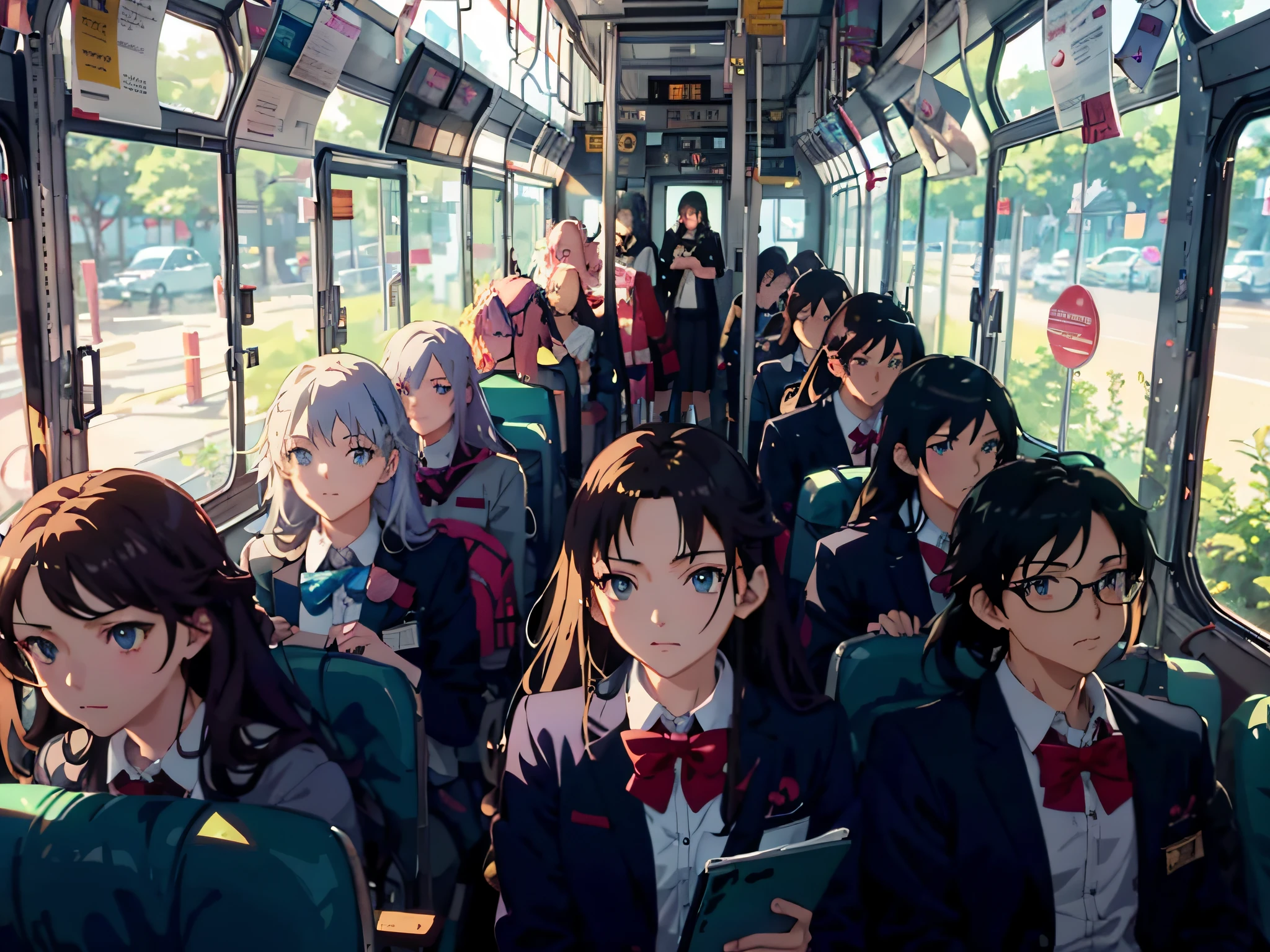 anime girls on a bus with their backs to the camera, artwork in the style of guweiz, beautiful anime art style, beautiful anime high school girl, ross tran. scenic background, detailed digital anime art, ( ( makoto shinkai ) ), artgerm and atey ghailan, by Yanjun Cheng, anime style 4 k, beautiful anime artwork