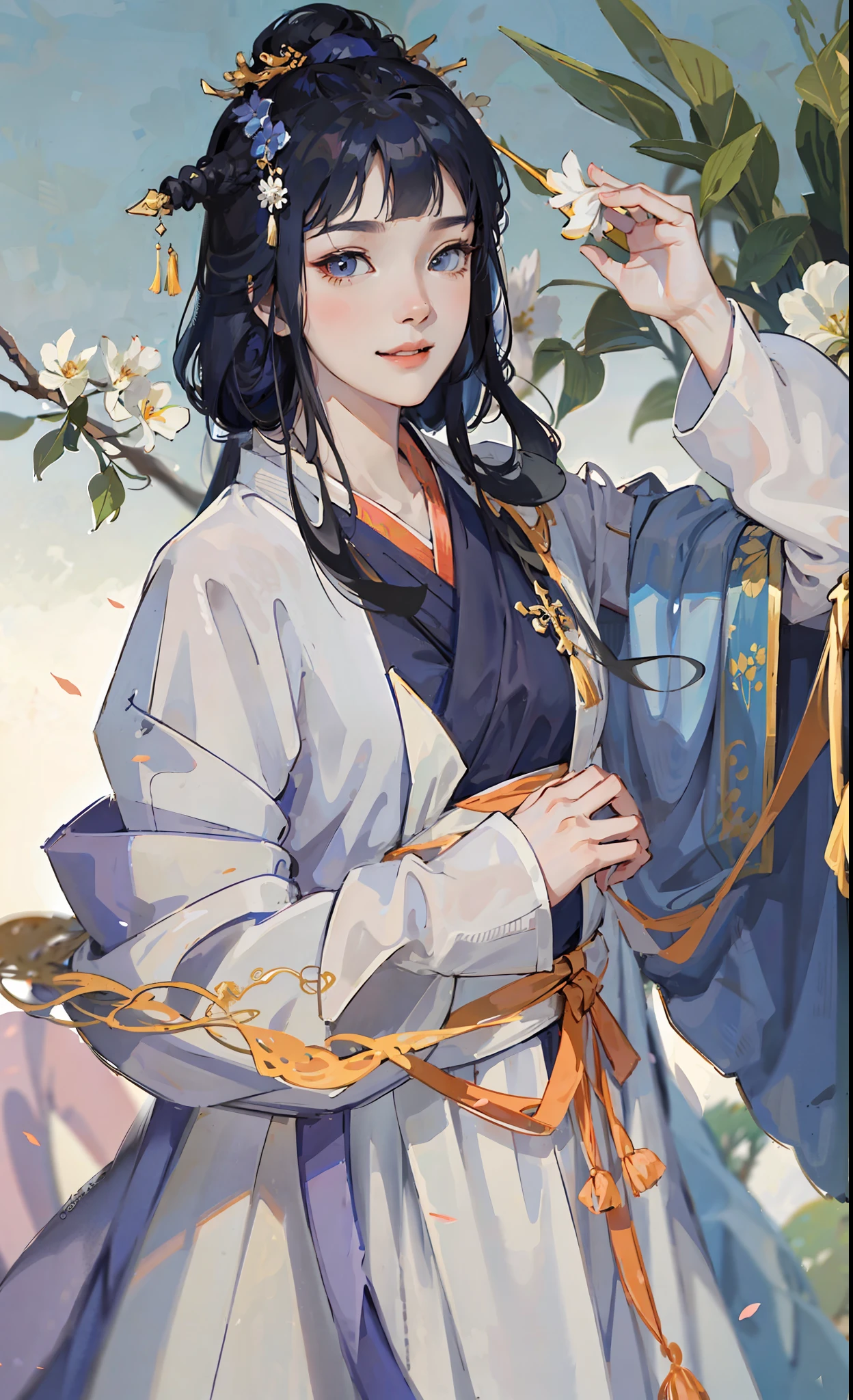 A girl, ancient Chinese costume, whole body, sunshine, clear face, clean white background, masterpiece, super detail, epic composition, ultra HD, high quality, extremely detailed, official art, uniform 8k wallpaper, super detail, 32k, ((blunt bangs)), extremely detailed character, detailed lips,  ((dark blue hair)),  hinata/(boruto/),  smile,  ((long hair))