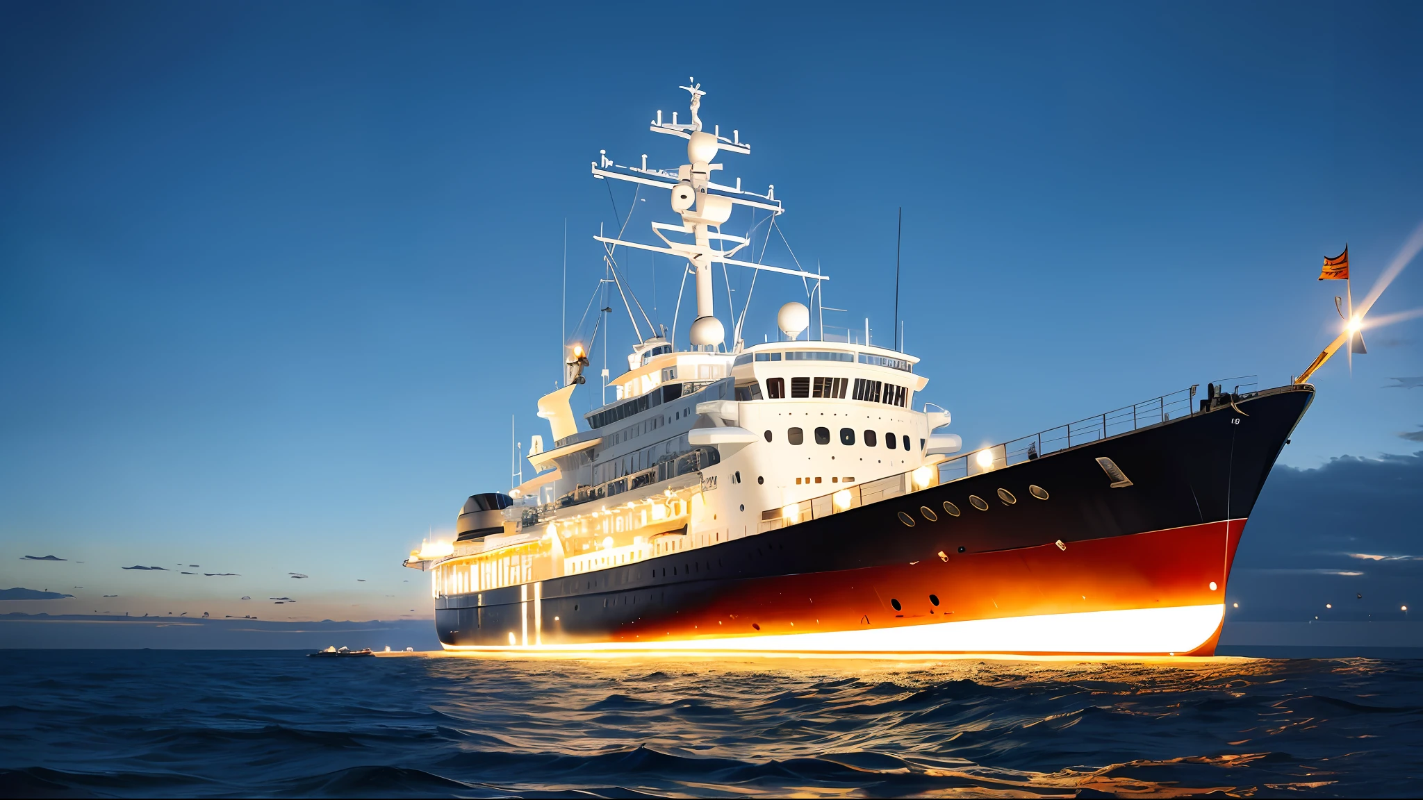 high quality, realistic, deep sea, boat, aircraft, night,