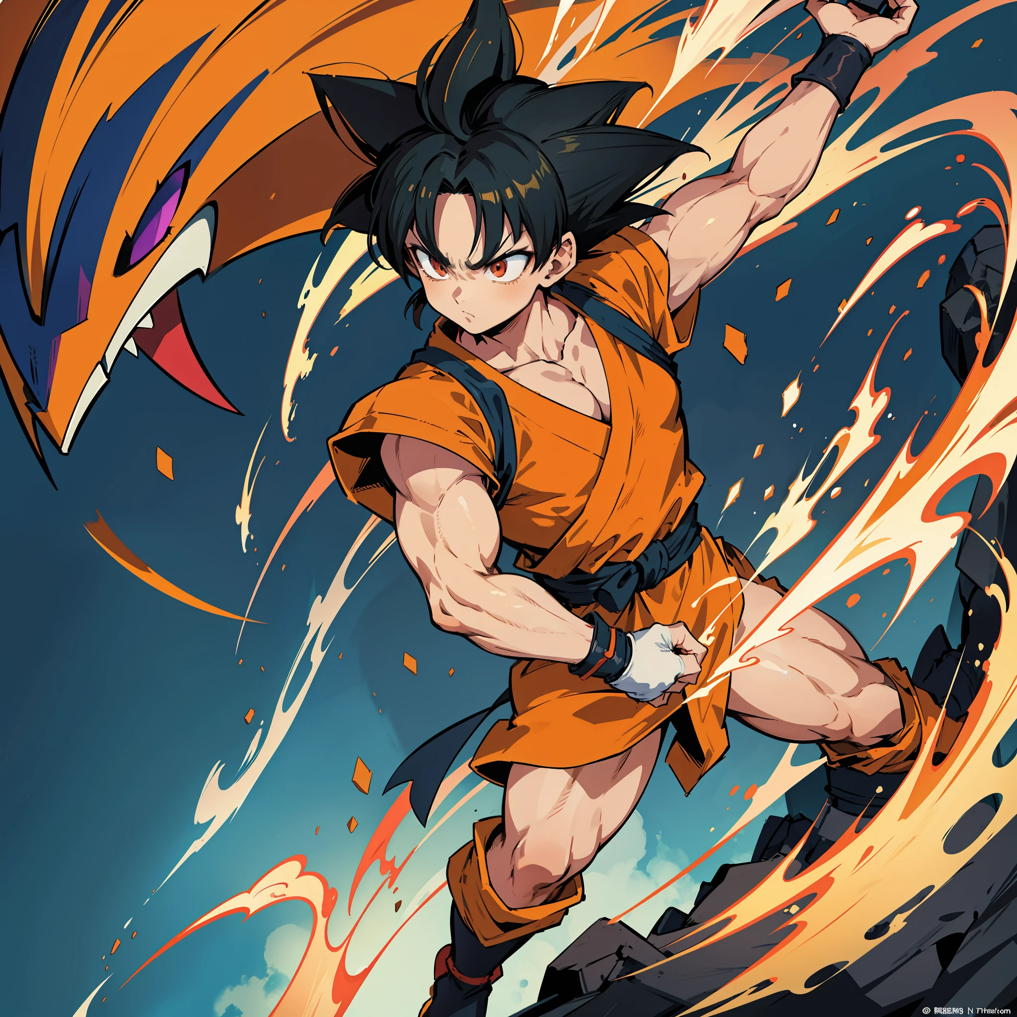 The manga cover you described is a visual masterpiece, combining the Guilty Gear -Strive- style with the artistic influence of Yusuke Murata. Goku is an iconic character in the manga and anime series Dragon Ball. He is known for his cheerful personality, his passion for fighting and his incredible strength. Goku is a Saiyan, an alien race with extraordinary combat abilities.
He has an average height, with spiky black hair that stands out for its unique appearance. His eyes are large and expressive, with a brightness full of determination and fighting spirit.
Goku is known for his traditional attire, which consists of an orange jumpsuit with blue accents and a red sash tied around his waist. He also wears a pair of red boots and white gloves.
In his most powerful form, Goku can transform into a Super Saiyan, where his hair becomes golden blonde and his eyes take on an intense blue glow. In this form, his power is amplified and his fighting skills are elevated to impressive levels.
Goku possesses an athletic and well-defined physique, with toned muscles resulting from his arduous and constant training. His posture is confident and relaxed, demonstrating an unwavering confidence in his abilities.
He is known for his friendly and innocent personality, always ready to make friends and help others. However, when faced with challenges and threats, Goku reveals his true warrior spirit, showing a fierce determination and an unwavering will to protect his loved ones and the universe.
Goku is a symbol of perseverance, overcoming and fighting spirit. His epic journey in search of stronger challenges and his constant pursuit of excellence have inspired generations of fans around the world. He is a hero who transcends cultural boundaries and remains a beloved figure in the world of anime and manga.