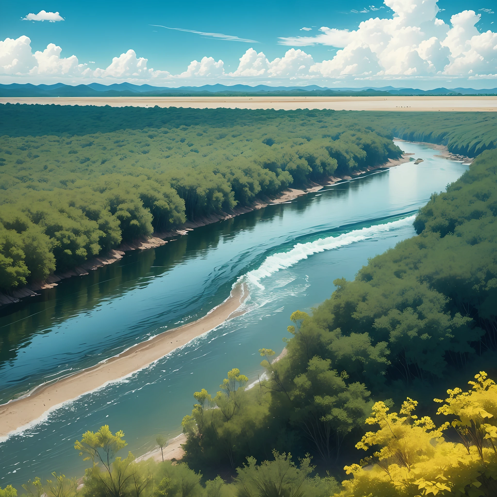 there is a river running through a lush green forest filled with trees, snake river in the jungle, forest and river, . background: jungle river, giant river, massive river, great river, river with stunning water, wide angle river, wide river and lake, river and trees and hills, with trees and rivers, highly detailed landscape, beautiful render of a landscape