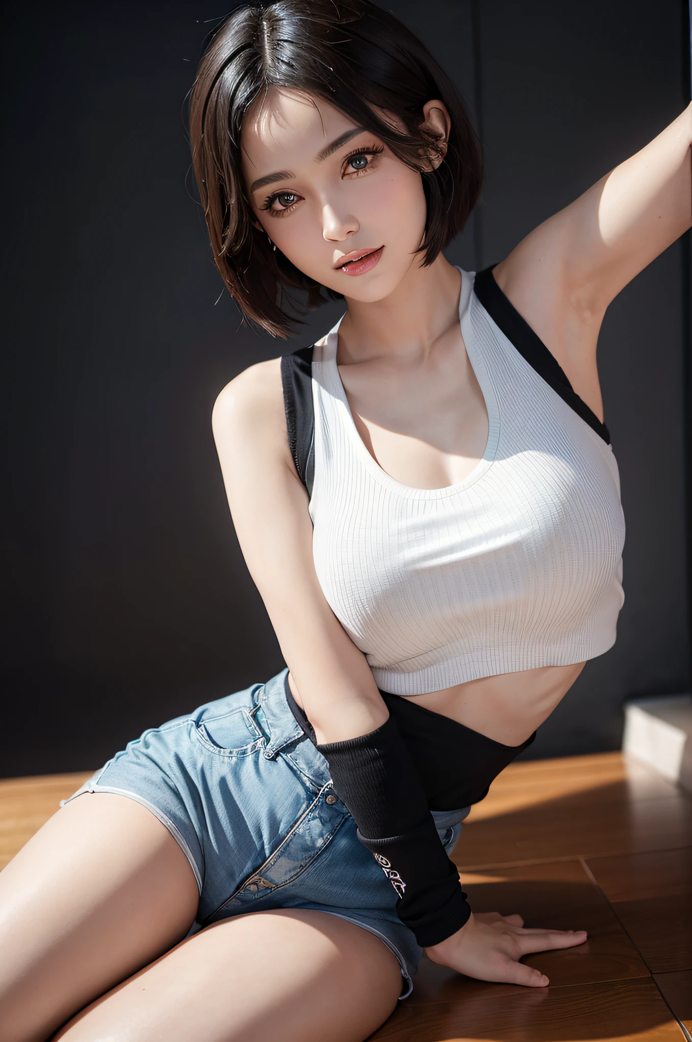 (masterpiece:1.3), (8k, photorealistic, RAW photo, best quality: 1.4), (1girl), beautiful face, (realistic face), (black hair, short hair:1.3), beautiful hairstyle, realistic eyes, beautiful detailed eyes, (realistic skin), beautiful skin, (sweater), Ridiculous, attractive, super high resolution, super realistic, very detailed, golden ratio, spell (Prompt): high detail, 8k resolution, super high resolution, a young girl, cute girl, shoulder-length short hair, colorful clear eyes, smooth hair, exquisite and perfect facial features, the most beautiful big eyes, long eyelashes, sweet eyes with silkworms, smile, dynamic angle, extreme picture quality, the highest precision, precise and perfect human body structure, (sportswear), sports vest, sports hot shorts, dynamic angle, Octoppelganger shot, gymnasium