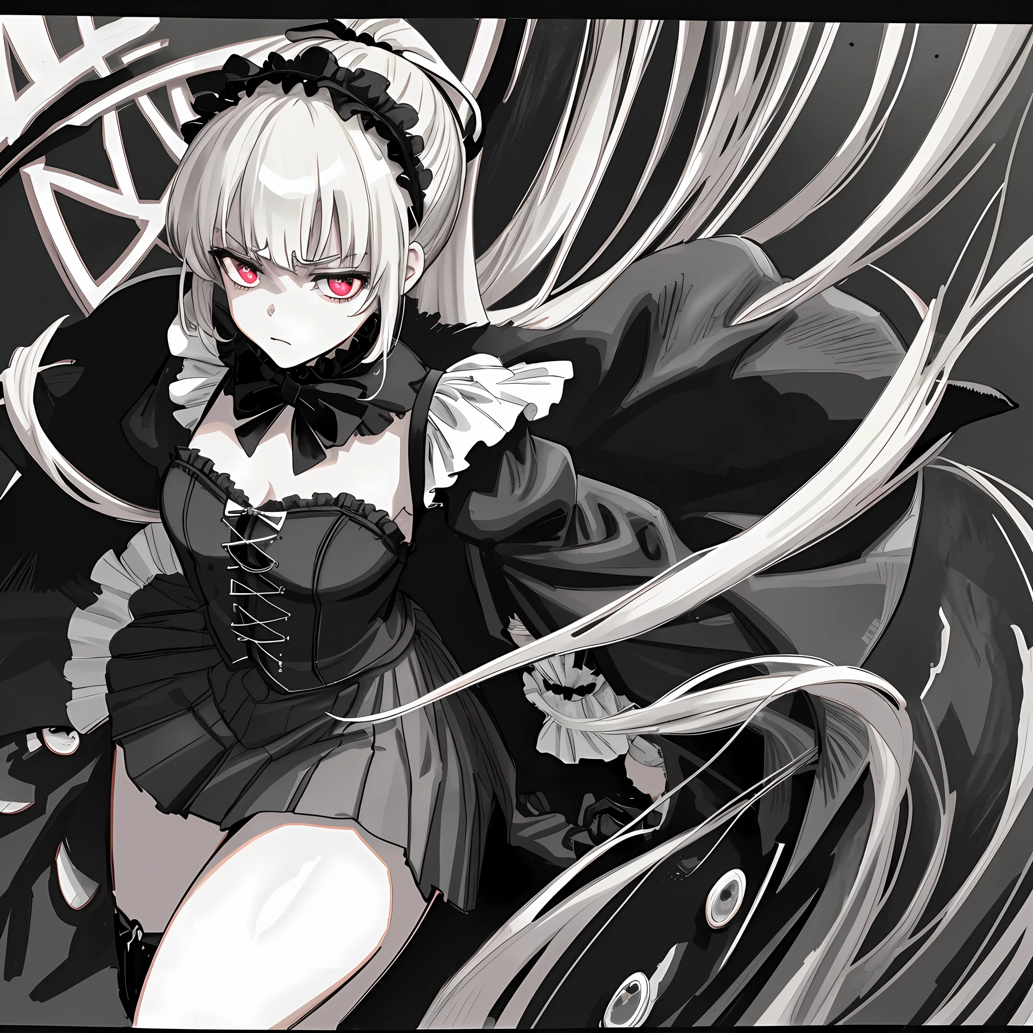 4k, HD, Masterpiece, Sell cute, RMBW, thick color, messy color, messy line painting style, gloomy weather, gloomy light, bleak color, gloomy style, two-dimensional, seductive expression, delicate eyes, vampire, unbuttoned, open clothes, pick-dyed hair ends, headbands, ponytail, long bangs, high slit ends, leg rings, chest hollowouts, extreme exposure, young lady aristocracy, miniskirt, erotic maid outfit, extremely disgusted expression (masterpiece), (high quality), ( Super detailed), ((illustration))