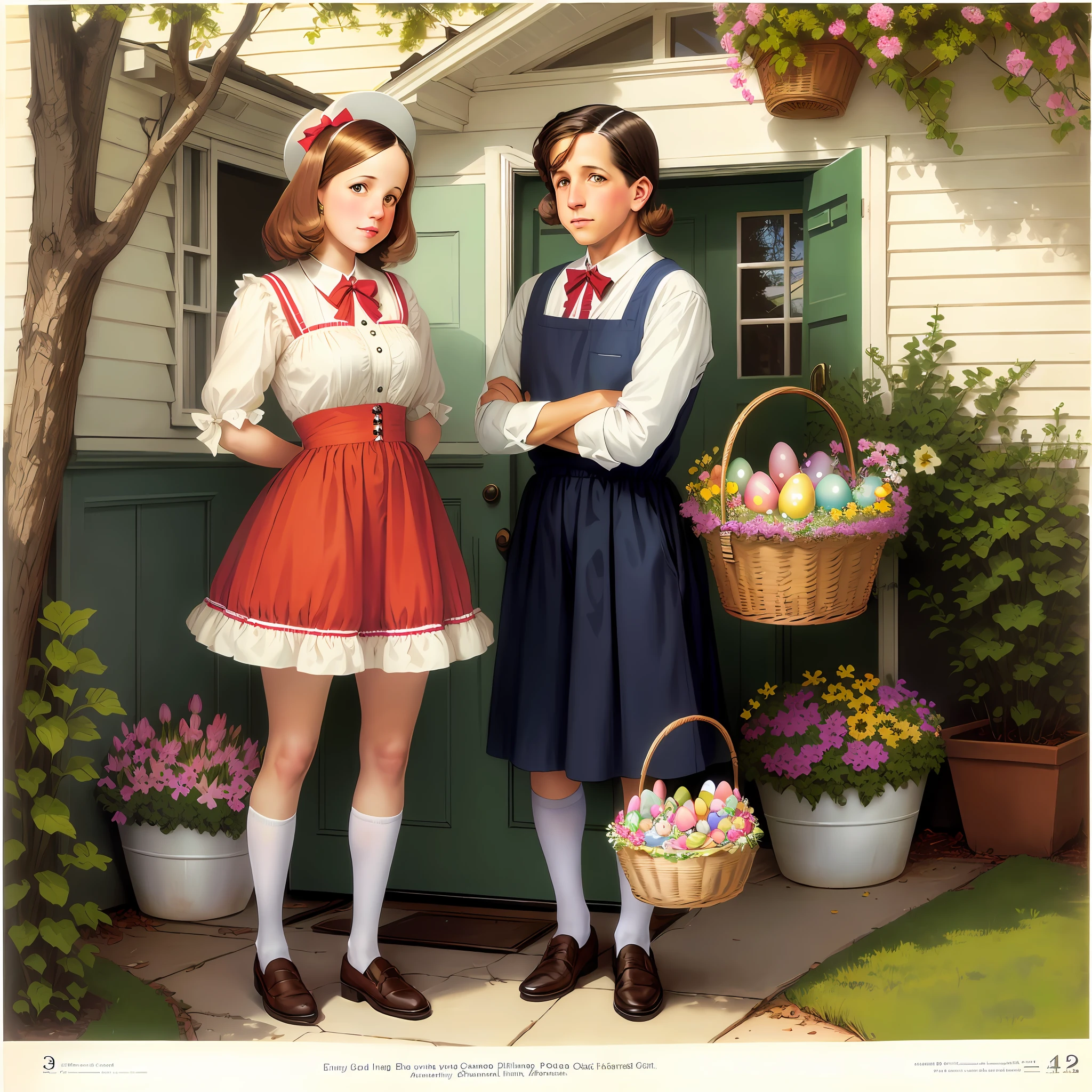 Basset hound in a Easter basket, concept art, in the style of Norman Rockwell