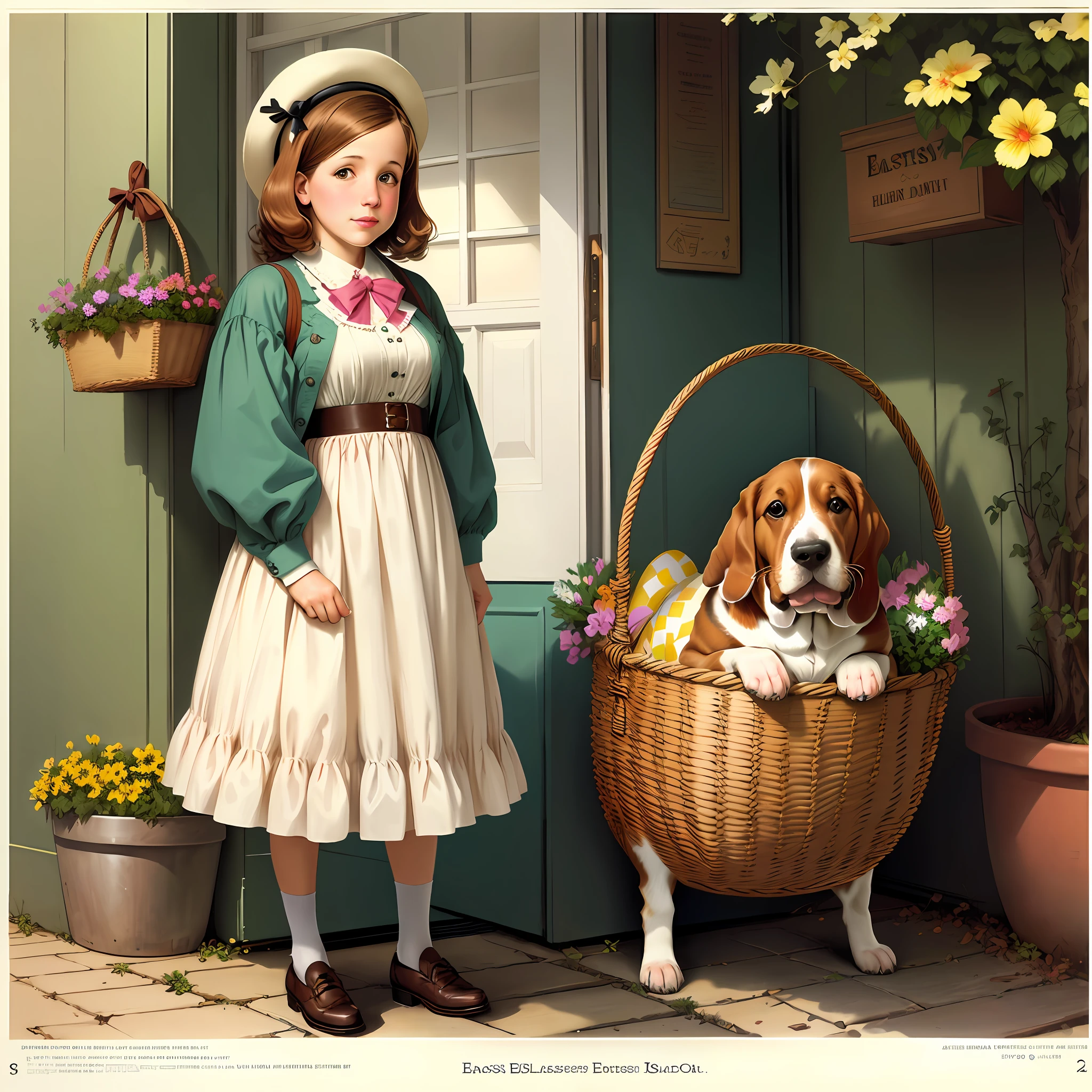 Basset hound in a Easter basket, concept art, in the style of Norman Rockwell