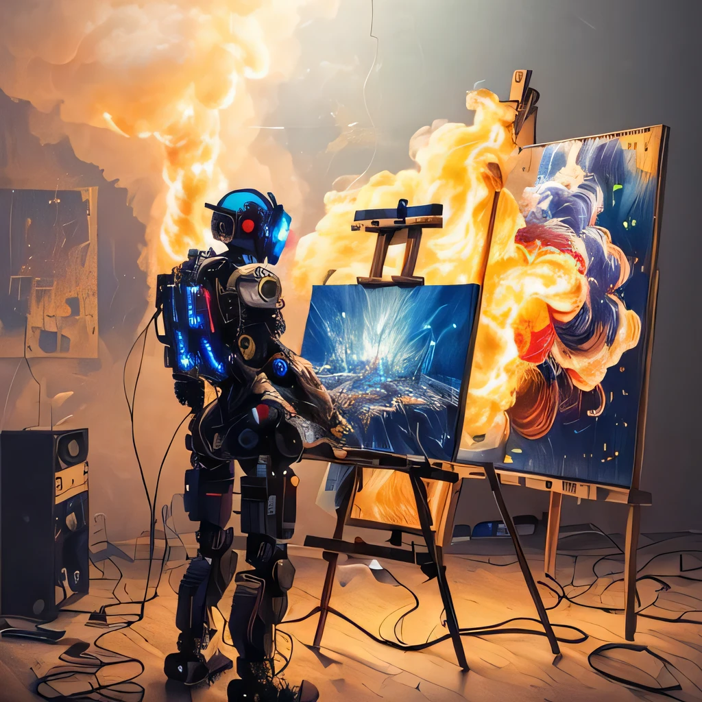 (masterpiece, best quality, highres, absurdres, detailed:1.2), humanoid, robot, wearing headphones, looking away, (cyberpunk, art canvas, paint brush, easel, iridescent, holographic: 1.6), (cables, wires, flames, fire, smoke, overheat, explosion, indoors, room, simple background)
