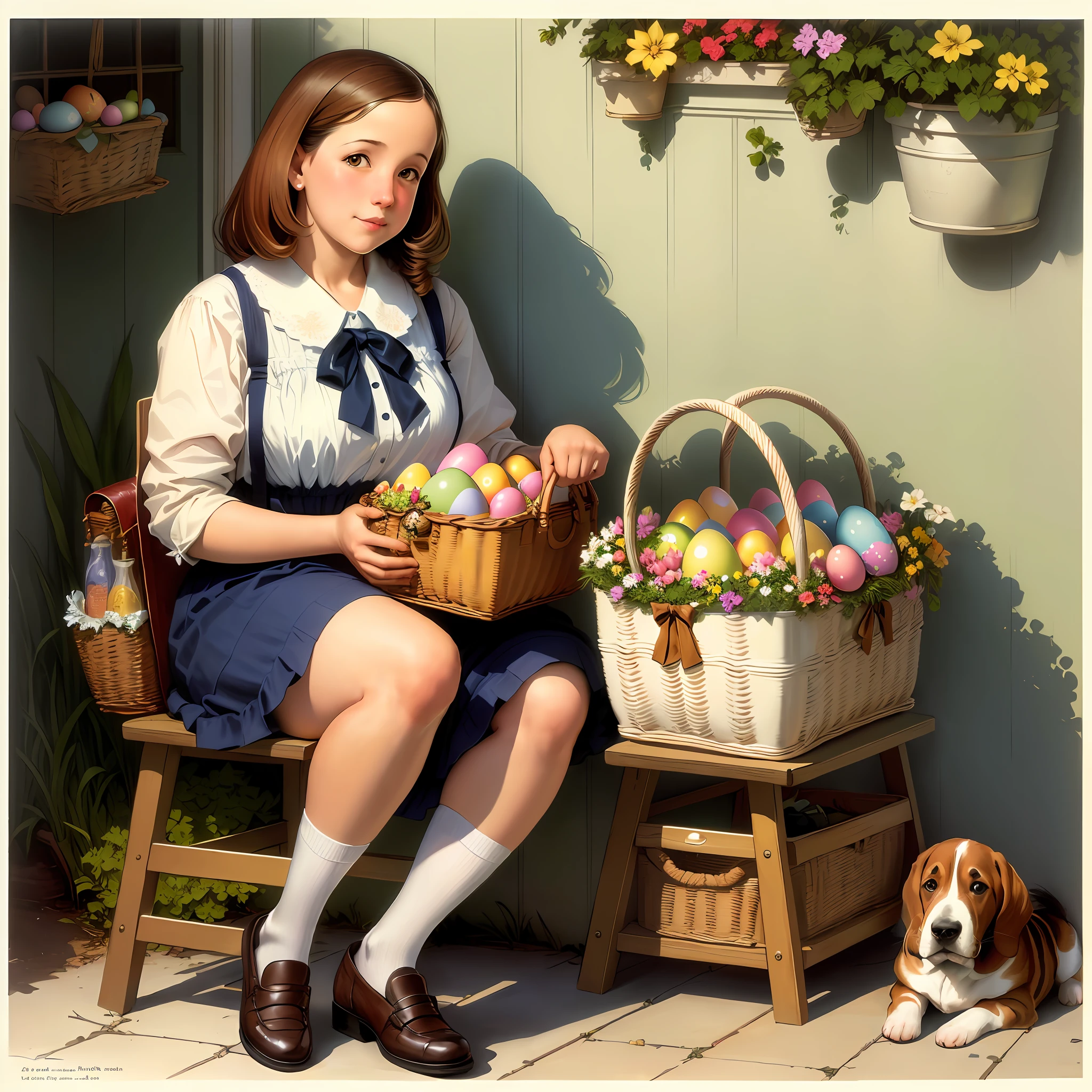 Basset hound in a Easter basket, concept art, in the style of Norman Rockwell