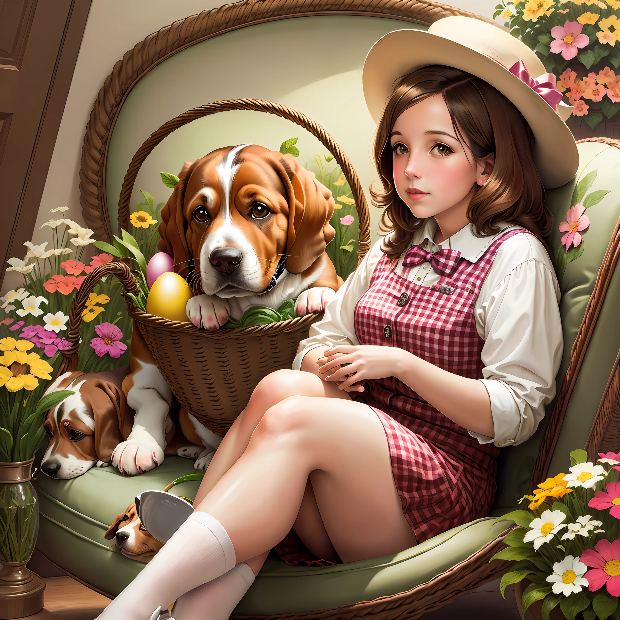 Basset hound in a Easter basket, concept art, in the style of Norman Rockwell