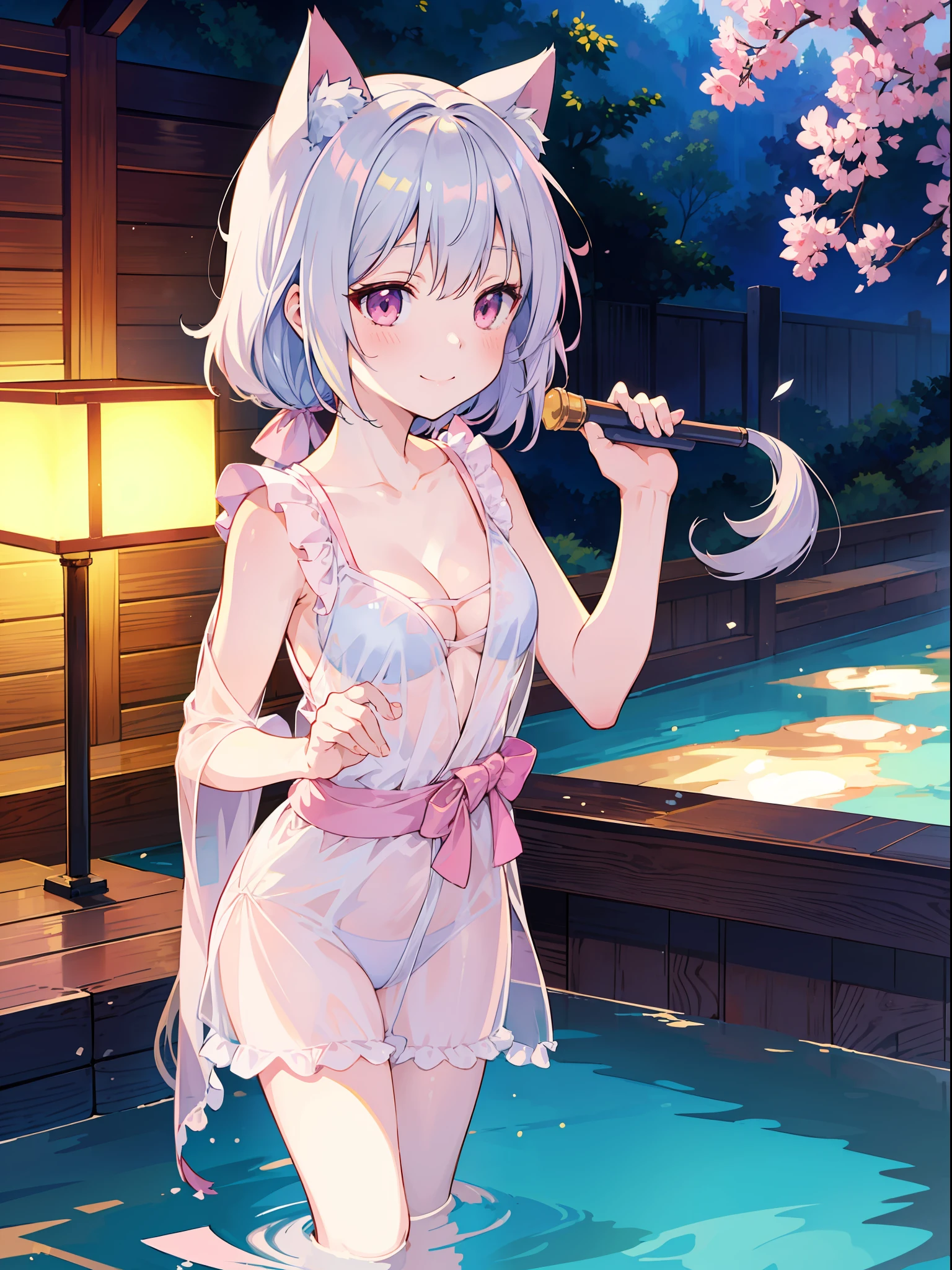 Masterpiece, Top Quality Anime Illustration, Super Detail, One Girl, Solo, Beautiful Girl with Silver Hair, Anime Loli, Cat Ear Loli, Pale Pink See-Through Yukata, Short Yukata, Sleeveless, Smile, Bare Skin Side Breast, Thigh Focus, Cleavage Enhancement, Onsen