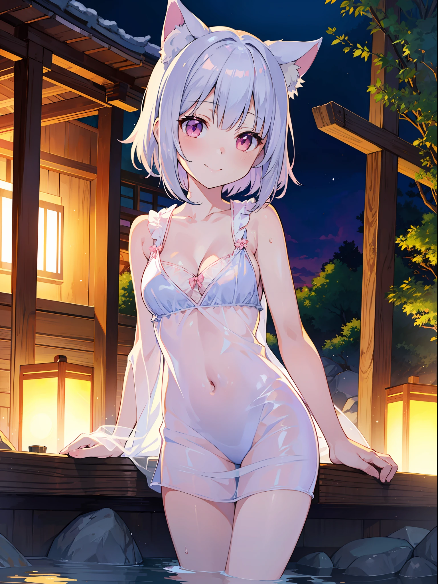 Masterpiece, Top Quality Anime Illustration, Super Detail, One Girl, Solo, Beautiful Girl with Silver Hair, Anime Loli, Cat Ear Loli, Pale Pink See-Through Yukata, Short Yukata, Sleeveless, Smile, Bare Skin Side Breast, Thigh Focus, Cleavage Enhancement, Onsen
