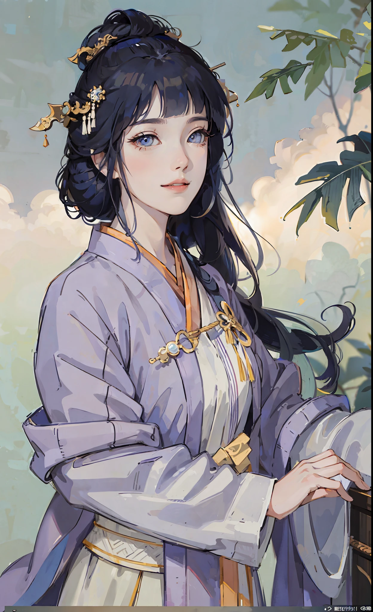 A girl, ancient Chinese costume, whole body, sunshine, clear face, clean white background, masterpiece, super detail, epic composition, ultra HD, high quality, extremely detailed, official art, uniform 8k wallpaper, super detail, 32k, ((blunt bangs)), extremely detailed character, detailed lips,  ((dark blue hair)),  hinata/(boruto/),  smile,  ((long hair))