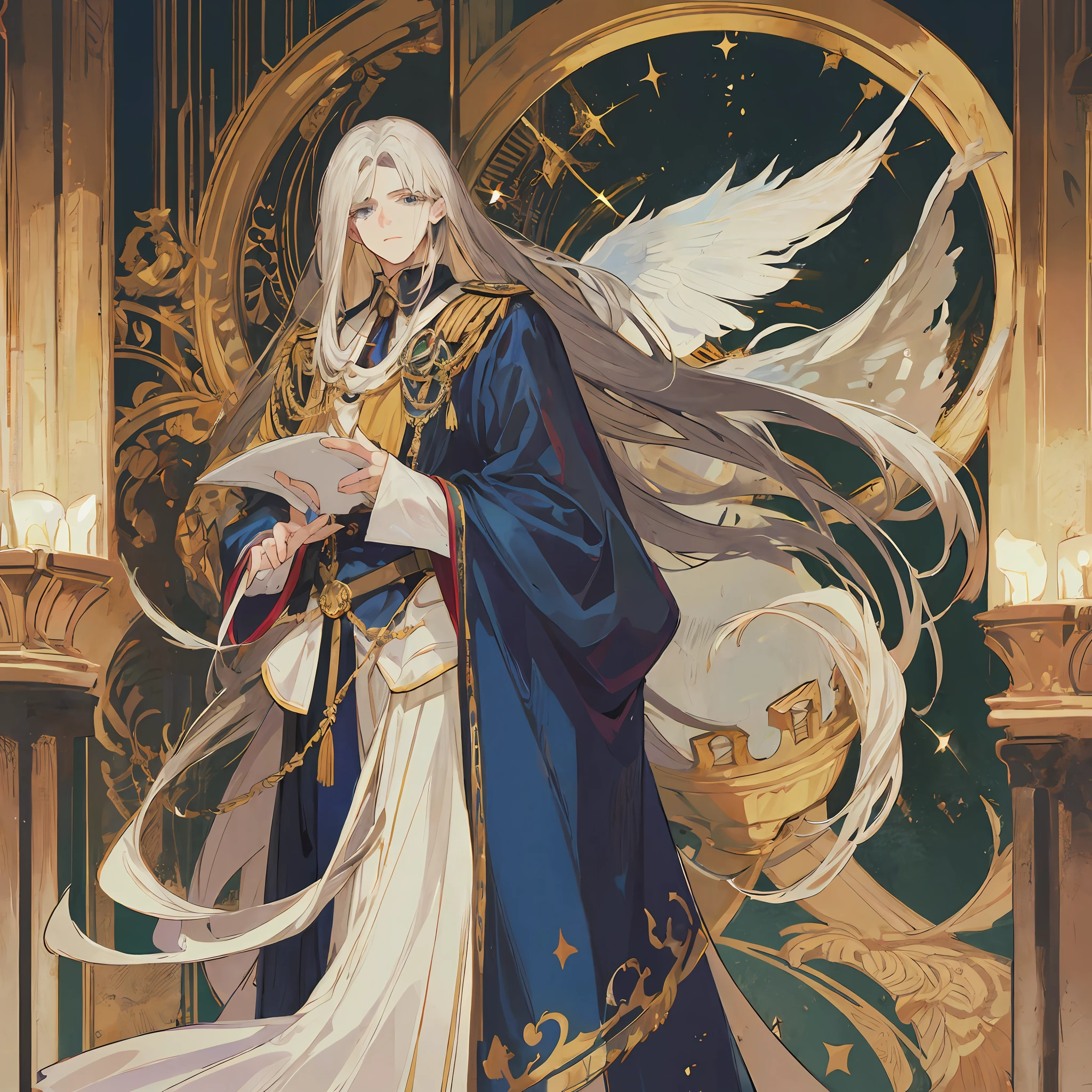 A man dressed in opulent attire stands tall, exuding an air of authority and power. He dons a regal imperial uniform adorned with intricate golden embroidery, representing his status as a general in the Western Empire. The uniform features a high-collared jacket with golden epaulets and brass buttons, perfectly tailored to his form.

His hair, short and styled in a modern fashion, is strikingly white. The pure white color adds a touch of wisdom and maturity to his appearance, contrasting sharply against his uniform. Despite its short length, his hair is meticulously groomed, with every strand in its place.

His face bears the marks of experience and wisdom. Deep lines etch his forehead and the corners of his piercing blue eyes, reflecting the weight of his responsibilities. His gaze holds a mixture of firmness and empathy, hinting at the complexities of leadership.

The Western Empire he represents is known for its grandeur and refinement. The empire spans vast territories, incorporating diverse cultures and civilizations. Its architecture showcases magnificent palaces, adorned with ornate columns, majestic arches, and elaborate frescoes. The empire's flag, emblazoned with a regal crest and vibrant colors, symbolizes its strength and dominance.

As the general moves through the crowd, his presence commands respect and admiration. People bow their heads and step aside, recognizing his authority and the prestige he carries as a leader of the Western Empire. The aura of the empire envelops him, radiating a sense of sophistication, elegance, and the weight of centuries-old tradition.