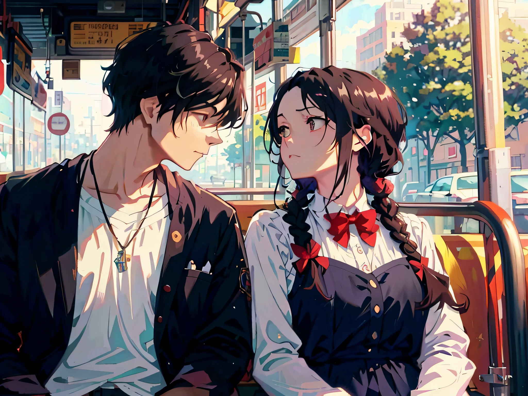 anime couple sitting on a bus looking at each other, artwork in the style of guweiz, beautiful anime art style, beautiful anime style, beautiful anime, beautiful anime scene, sakimichan and makoto shinkai, anime picture, guweiz, 8k)), guweiz and makoto shinkai, pin on anime, anime style 4 k