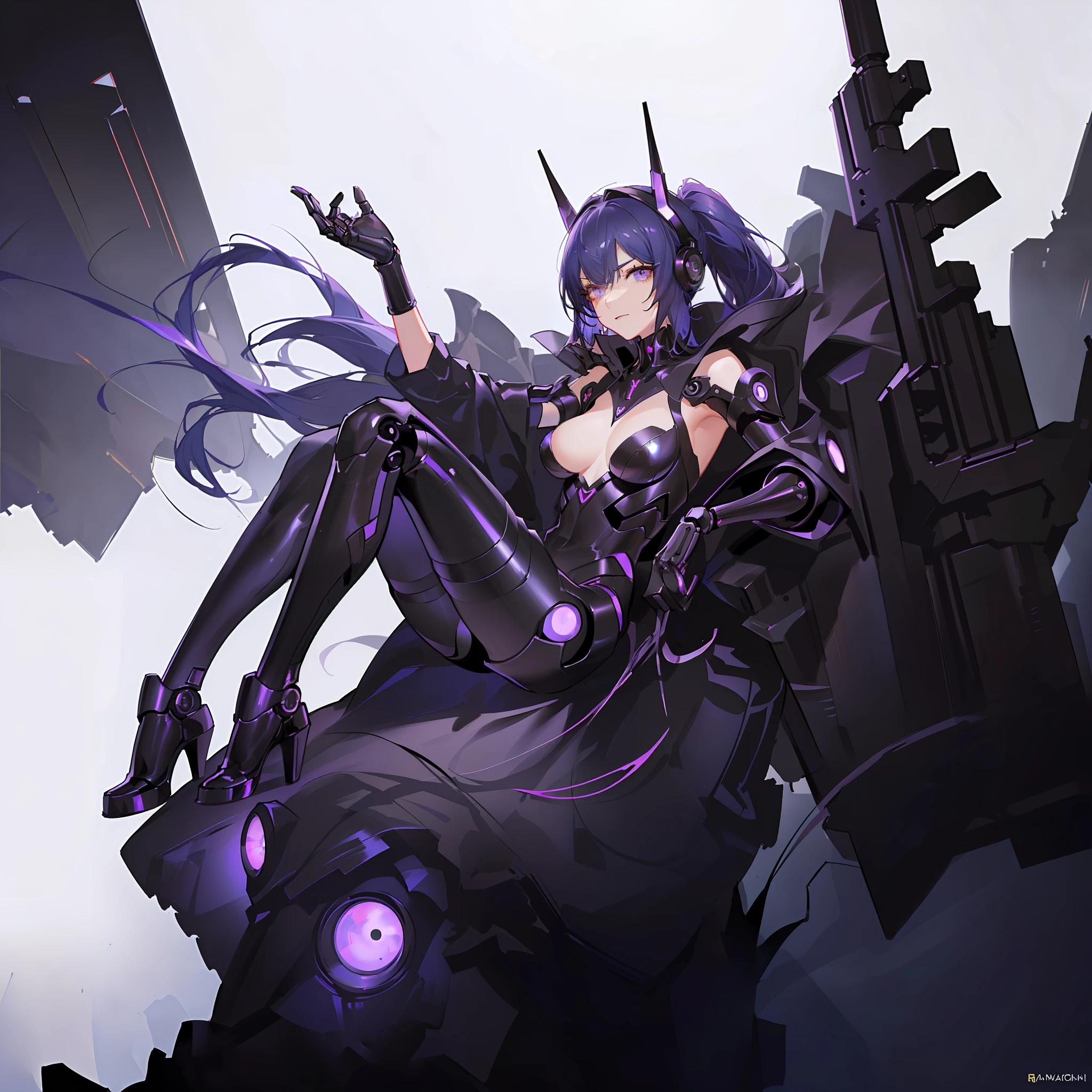 Purple Black Mechanical Mask,, Cyberpunk, Body Details 1.2, Purple Skinny Latex Set, Surrealism, Shadows, Tachi-E, POV, Atmospheric Perspective, 8K, Super Detail, Ccurate, Best Quality, Finger Details 1.2, Black Eyeshadow, Long Eyelashes, Hyper-Detail Eye Depiction, Beautiful and Detailed Eyes, Purple Robotic Arms, Long Long Legs 1.2,