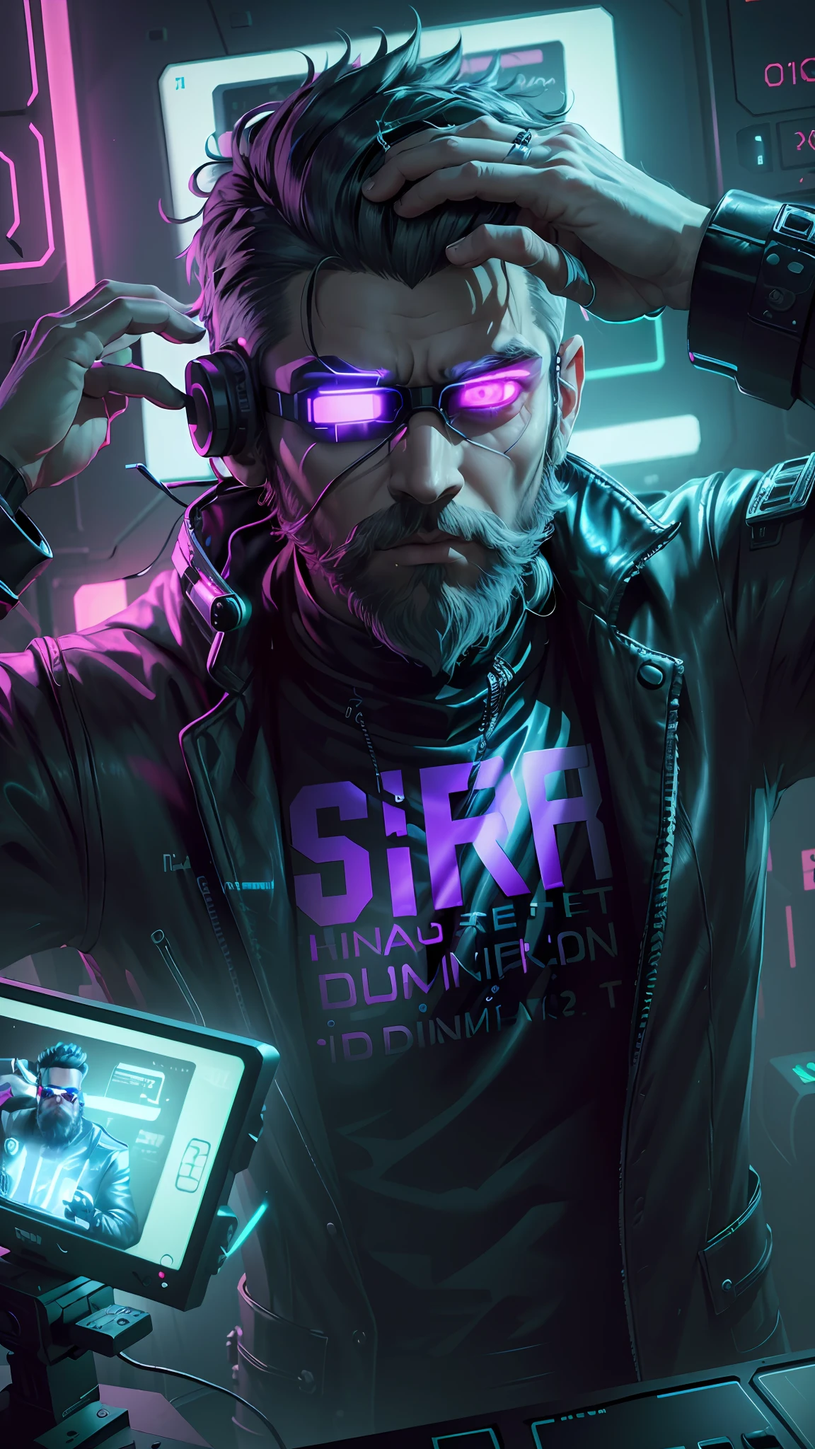 ((Best quality)), ((masterpiece)), (highly detailed: 1.3), 3D, NeonNoir, boy with white beard, stylish,big beard, cyberpunk, (using head mounted display that is thick and hi-tech: 1.2), using a cover, hacking a computer terminal, PURPLE NEON MONITOR LIGHT, GREEN NEON SIGNS ON THE WALL,