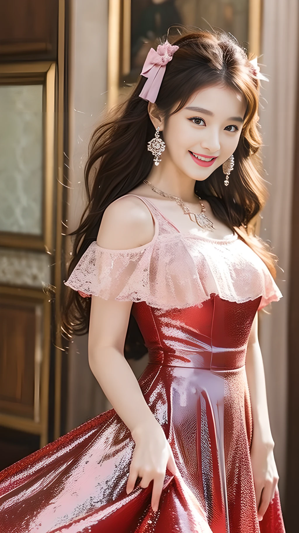 Real people, highest quality, masterpiece, exquisite CG, highest resolution, ultra-clear picture quality, delicate facial features, peerless beauty, delicate and beautiful facial features, cute girl, red wavy curly hair, bow hairpin, oily red lips, sweet smile, smile, smile without showing teeth, delicate skin, shiny, moist skin, blushing face, pure, close-up, single, necklace, earrings, non-exposed, dynamic action, (gorgeous long dress with round neck), skirt full of lace,