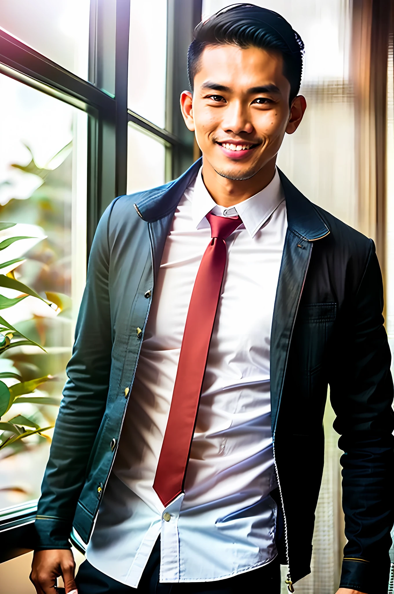 world press photo winner, (award-winning photography:1.3), (modern indonesian man wearing white shirt with red tie and black denim jacket, handsome face, young man, indonesian skin tone, typical Indonesian male features:1.4), (8k, RAW photo, best quality:1.3), (realistic, photo-realistic, modest clothes:1.1), inspiring, Portait of a (handsome typical modern indonesian men indoors:1.5), analog style (look at viewer:1.2) (skin texture) (film grain:1.3), (warm hue, warm tone:1.2), close up, cinematic light, sidelighting, ultra high res, best shadow, RAW, wearing teacher uniform, Microgeometry, skin elasticity, light scattering through hair, ambient occlusion, multi-layer skin shading, facial muscle simulation, iris and pupil rendering, advanced color grading, big smile, medium shot, dynamic poses, crossing hands, black jacket