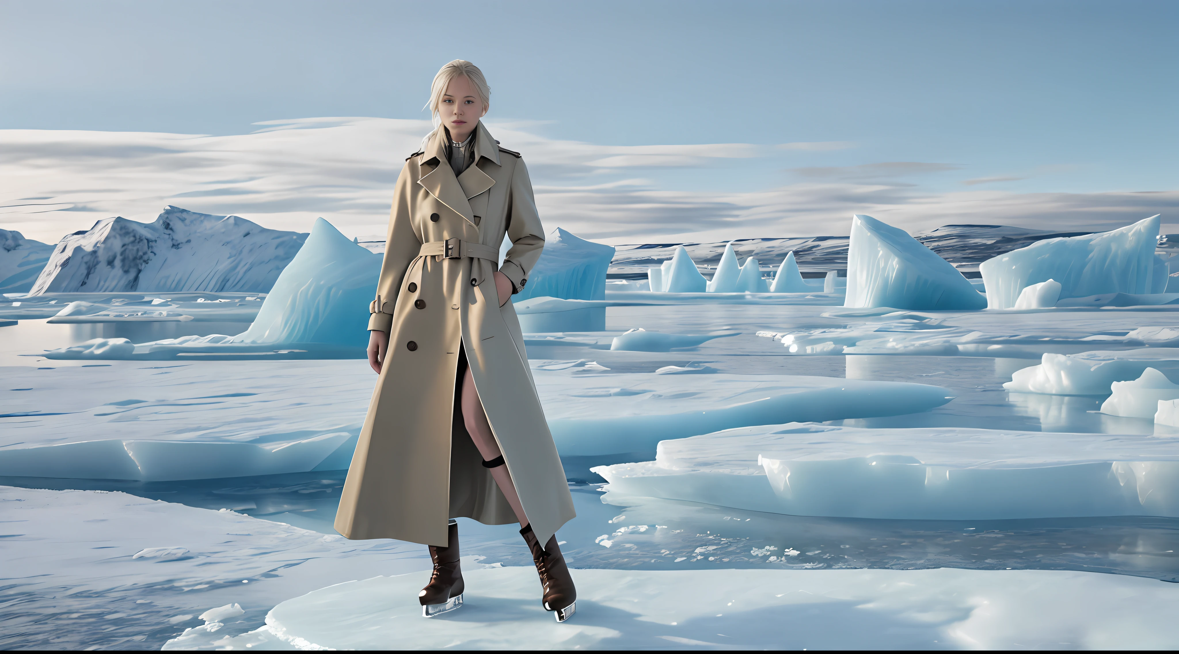 woman in a trench coat standing on ice floes, editorial photograph, a full portrait of nordic female, cold, arctic, tundra, editorial image, hunter, by Mathias Kollros, high - end fashion photoshoot, coat, portrait shot, by Jakob Gauermann, cold weather, long coat, advertising photo, f / 2 0, backdrop