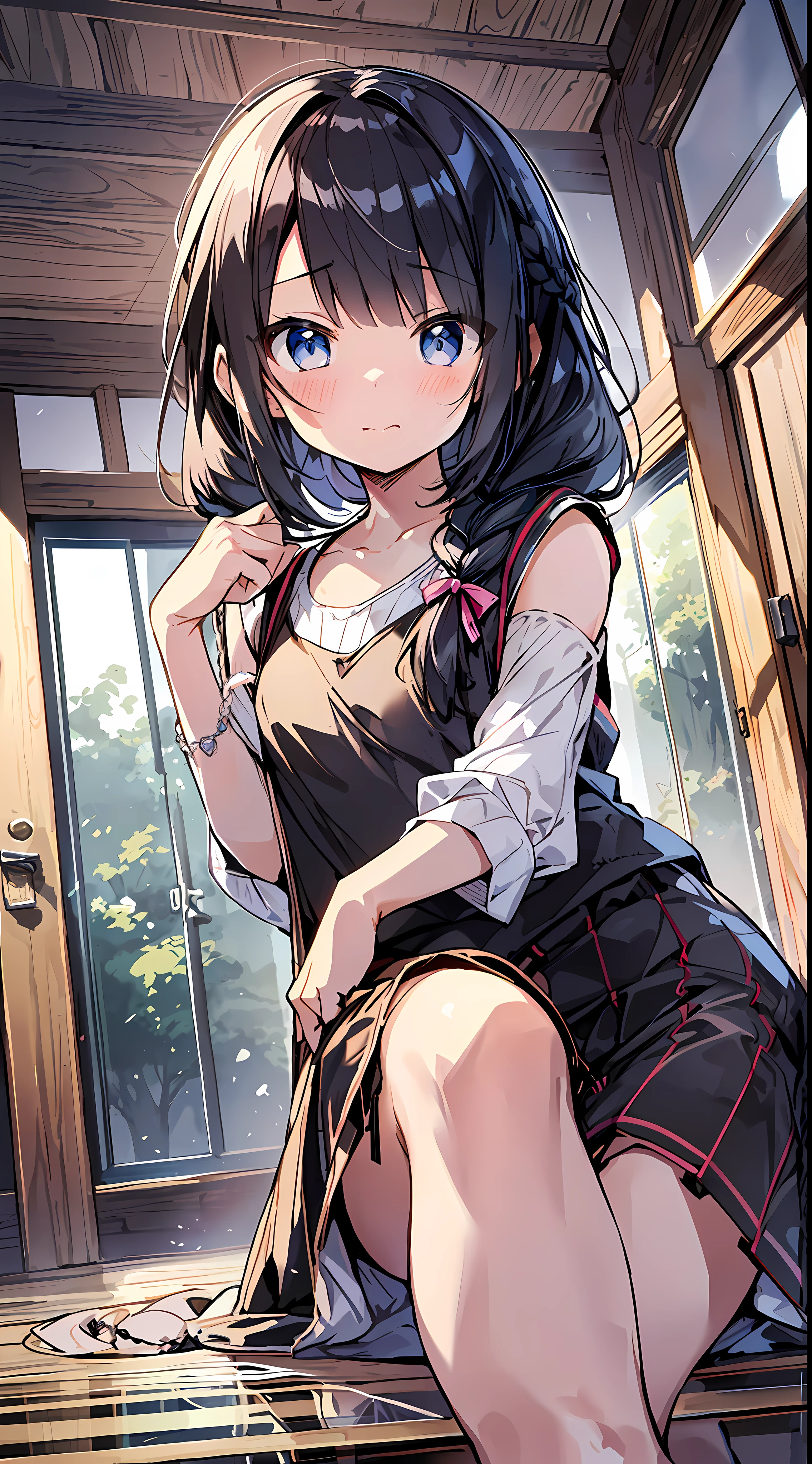Best Quality, Best Masterpiece, Ultra High Definition, 8K, White Sweater Vest, Anime Style li, Single, Ultra Detailed Line Art, Digital Enhancement, Anime Core, Flowing Fabric, Close Up, ((Hair length to shoulder mouth and short braid)), staring at us from the front, Soft drawing, Beautiful black hair, (((Little gianime style)), Clear eyes, Surprised and shy face, Ultra-detailed digital anime art, clear face depictions, ultra-detailed anime character art, ultra-detailed manga style, top quality colors, hand gestures, foot-up angles, indoor