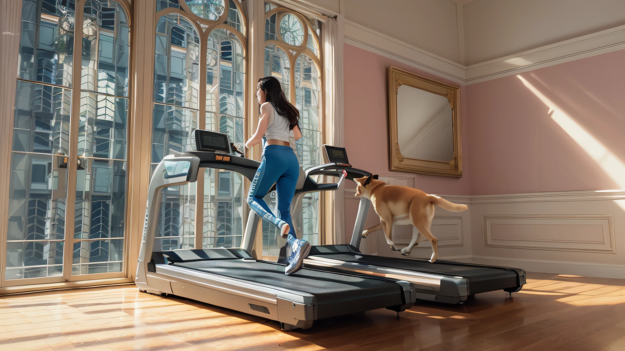 Highest image quality, outstanding detail, super high resolution, (fidelity: 1.4), best illustration, favored details, Tyndall effect of light through windows, in the mansion, highly condensed 1girl, running on a treadmill, blue sports vest, pink sweatpants, sexy sportswear, plump buttocks, delicate skin, there is a Shiba Inu running on another treadmill, upper body, close-up, 8k, RAW photo, best picture quality, masterpiece, realism, divided bangs, long hair,