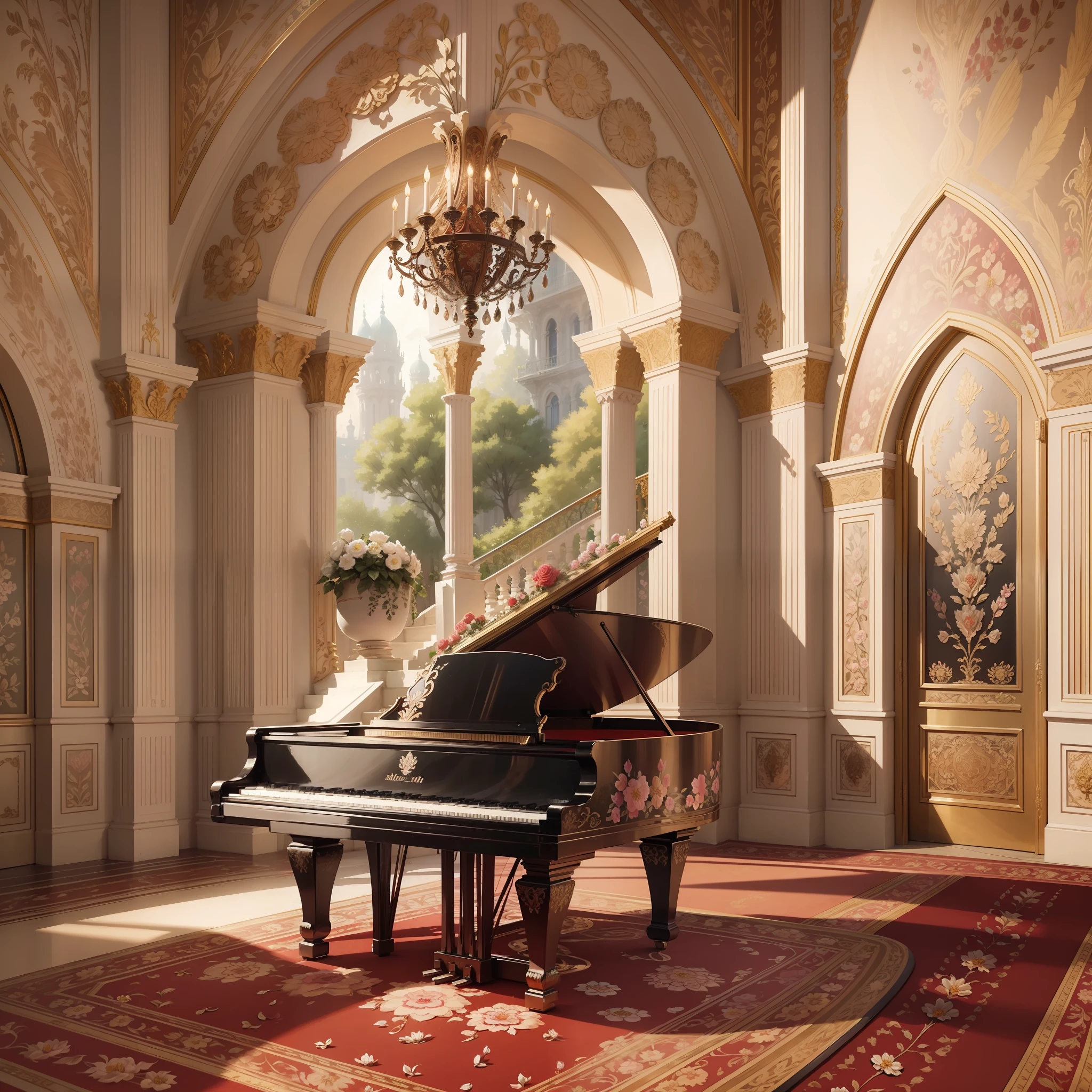 There is a piano in the palace, highly detailed scenes, detailed scenes, stunning Arcanum backgrounds, detailed digital artwork, floral environments, dreamy and detailed, very detailed scenes, Art Nouveau environments, romantic styles, red carpets, highly detailed compositions, balcony scenes, floral painted backgrounds, atmospheric beautiful details, flowers in the foreground, delicate floral details --auto --s2