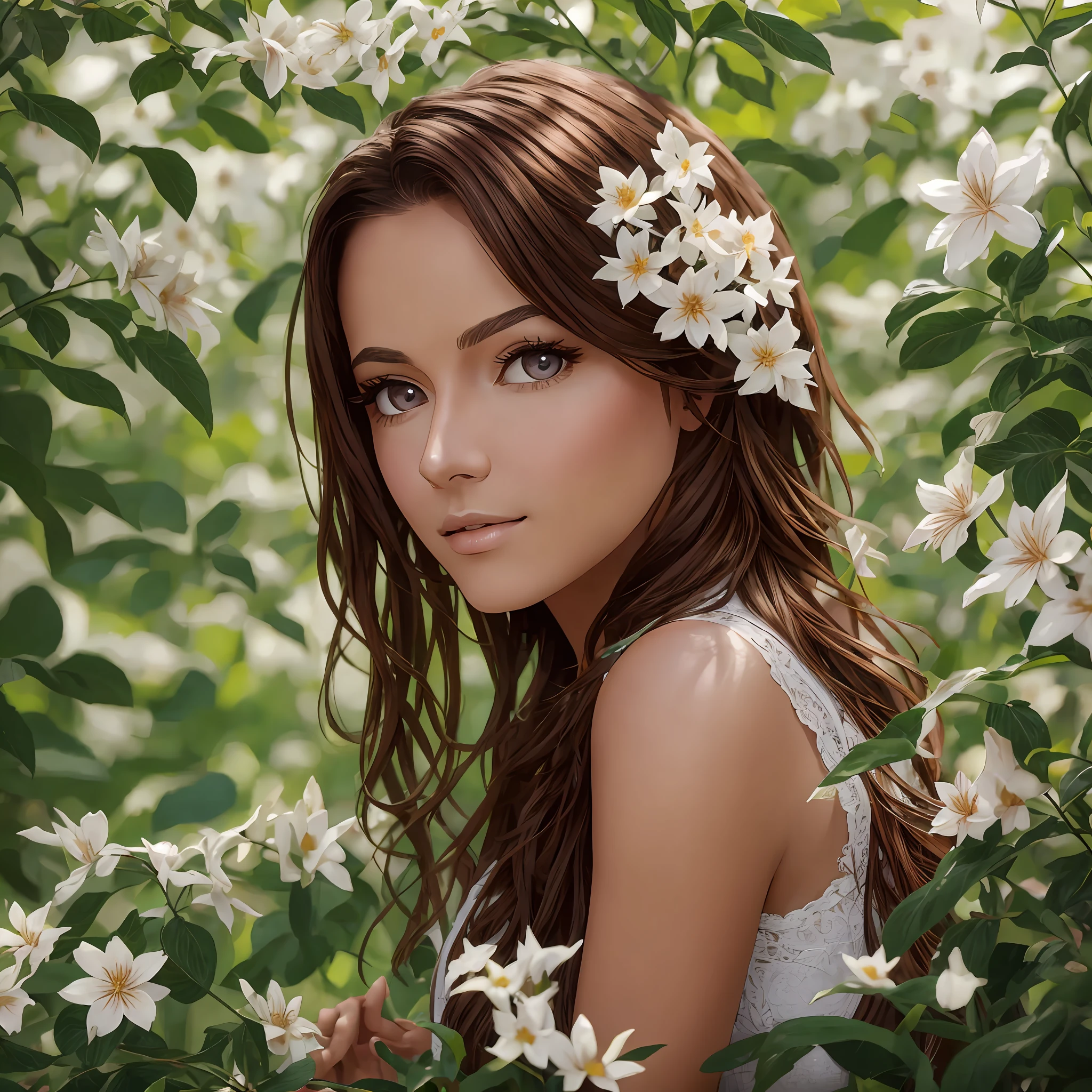 Realistic photo of singer Halicia Ales, with brown hair and eyes, skin more tanned, in a flowery forest.