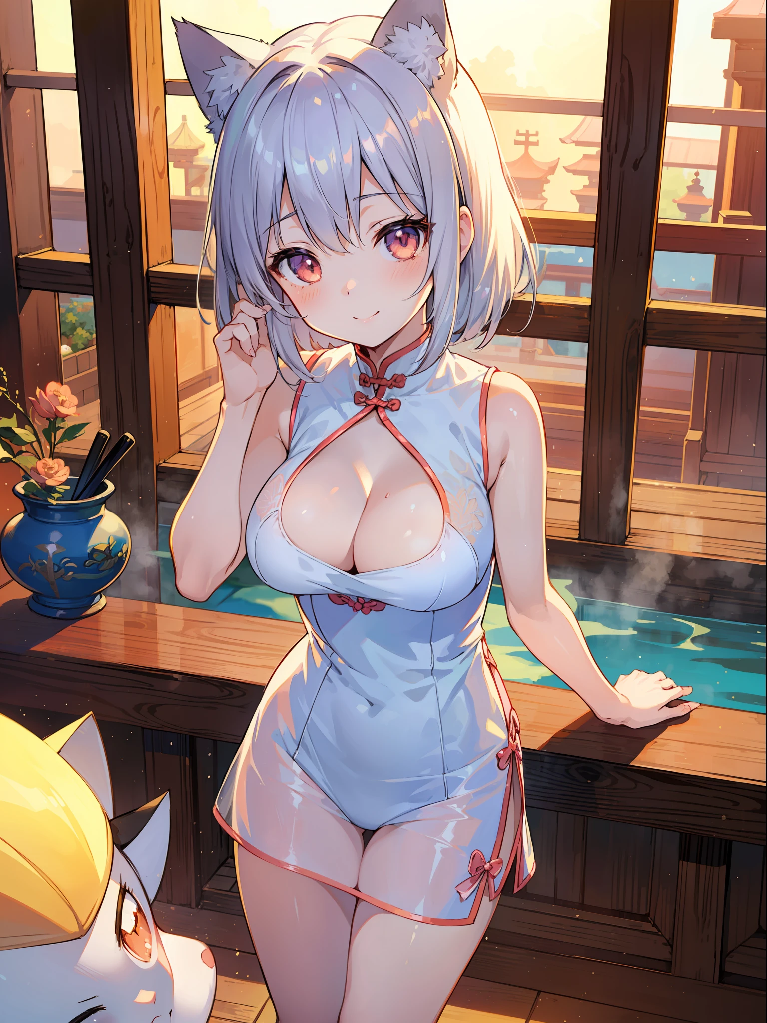 Masterpiece, Top Quality Anime Illustration, Super Detail, One Girl, Solo, Beautiful Girl with Silver Hair, Anime , Cat Ear Lolile Color Peach See-Through Cheongsam, Short Cheongsam, Sleeveless, Smile, Bare Skin Side Breast, Thigh Focus, Cleavage Enhancement, Hot Spring
