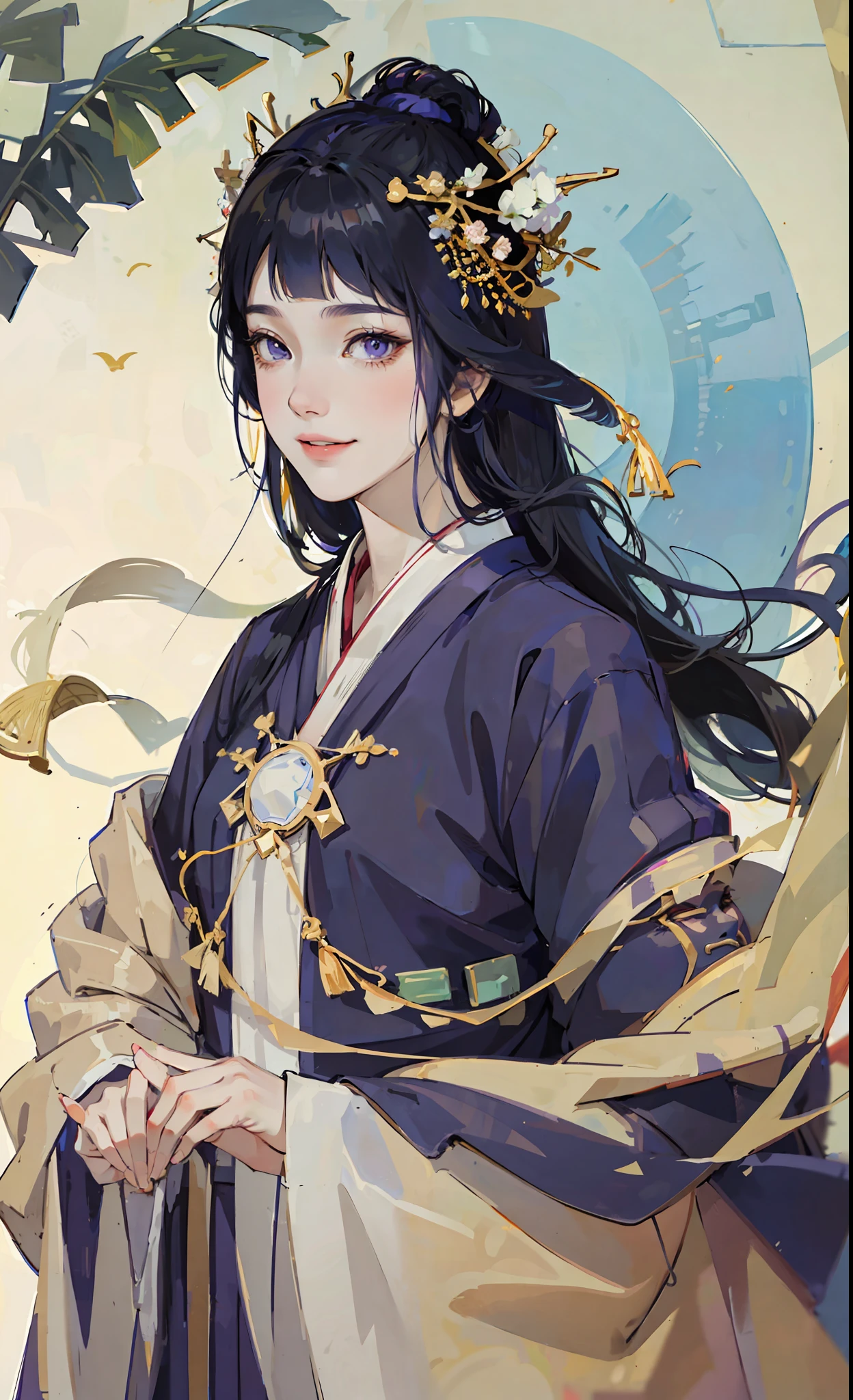 A girl, ancient Chinese costume, whole body, sunshine, clear face, clean white background, masterpiece, super detail, epic composition, ultra HD, high quality, extremely detailed, official art, uniform 8k wallpaper, super detail, 32k, ((blunt bangs)), extremely detailed character, detailed lips, ((dark blue hair)), hinata/(boruto/), smile, ((long hair)), big purple eyes