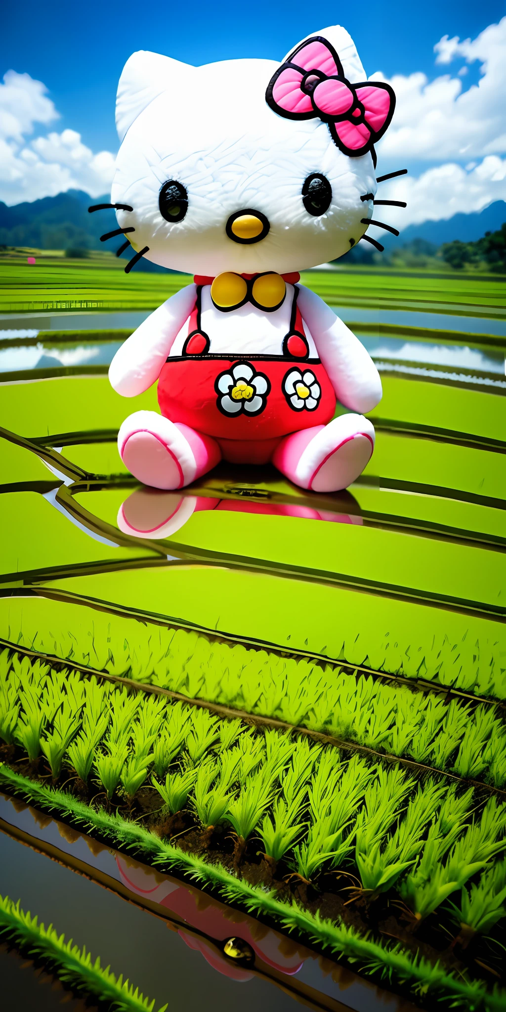 There is a Hello Kitty plush toy sitting on a field, rice field, Malaysian rice field, China, with a flower field as the foreground, Hello Kitty perfectly blends with the background, inspired by Peter Alexander Hay, plush photography, high quality images, rice fields and river flow, vista, supersaturated, constant Z, ink flower, mich, relax!
