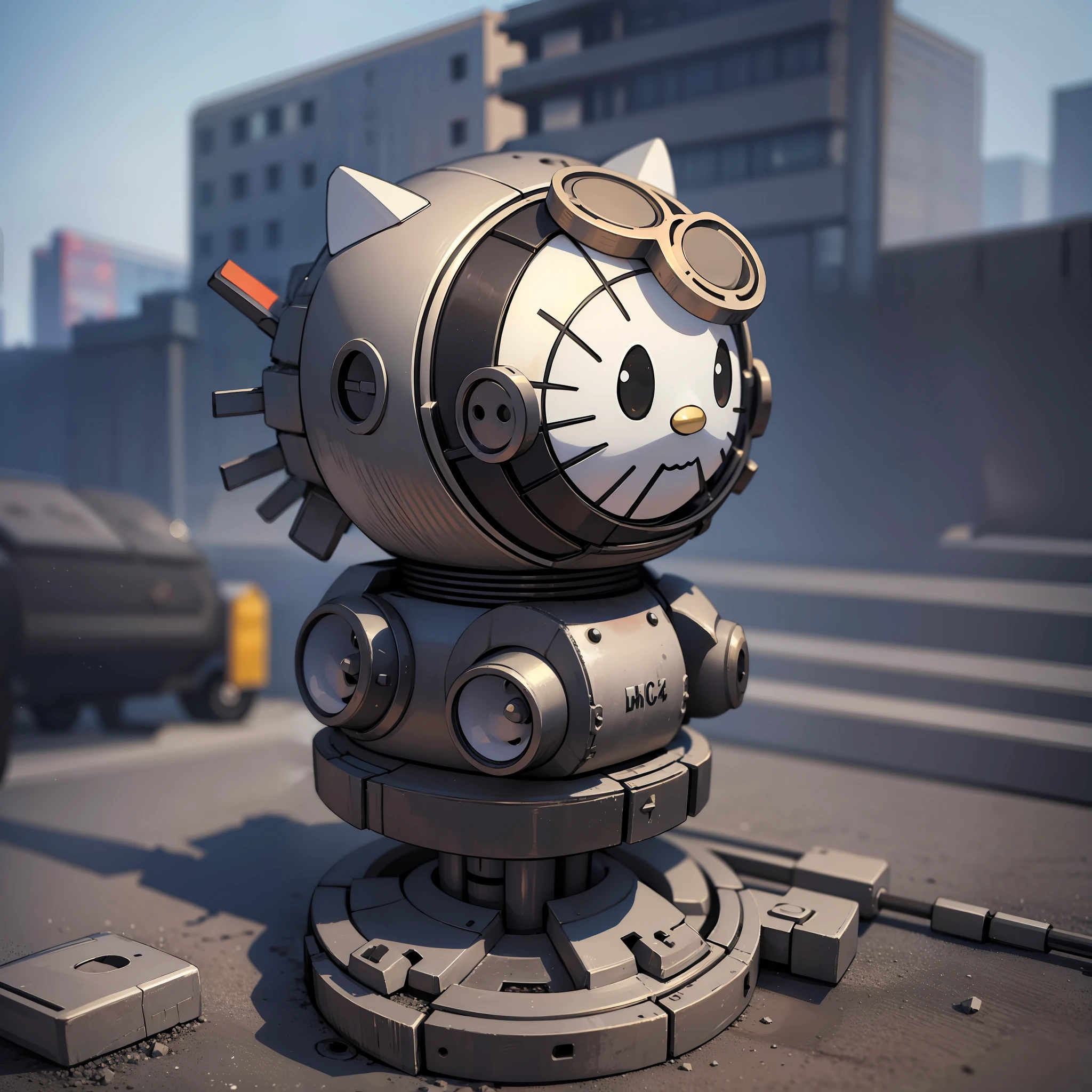 Hello Kitty, Giant, Doomsday Wasteland, Broken Machinery, Doomsday Street Background, Unmanned, Mechanical Style, HD, 8K, C4D, OC Rendering, Super Slanted Street, Realistic, Movie Closeup