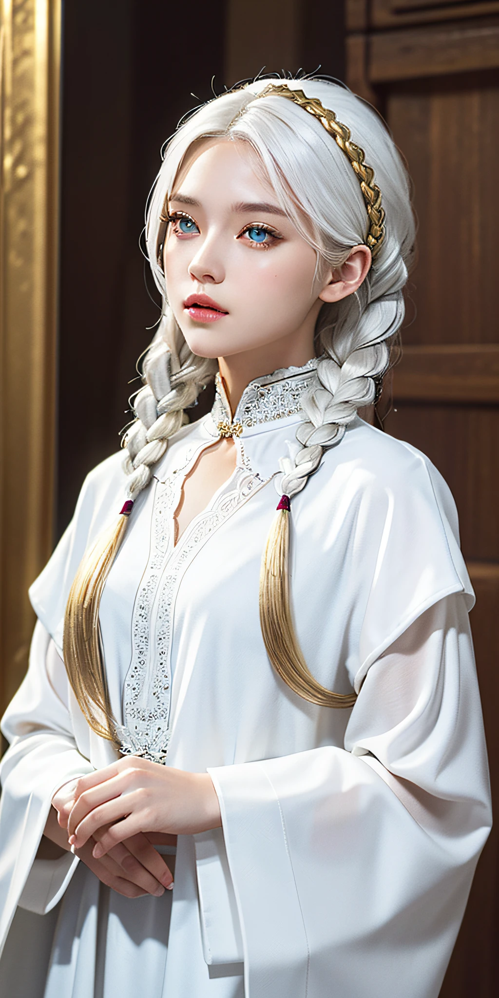 Excellent, masterpiece, white hair, golden eyes, white clothes, looking up, upper body, hair, fair skin, side braids, full body