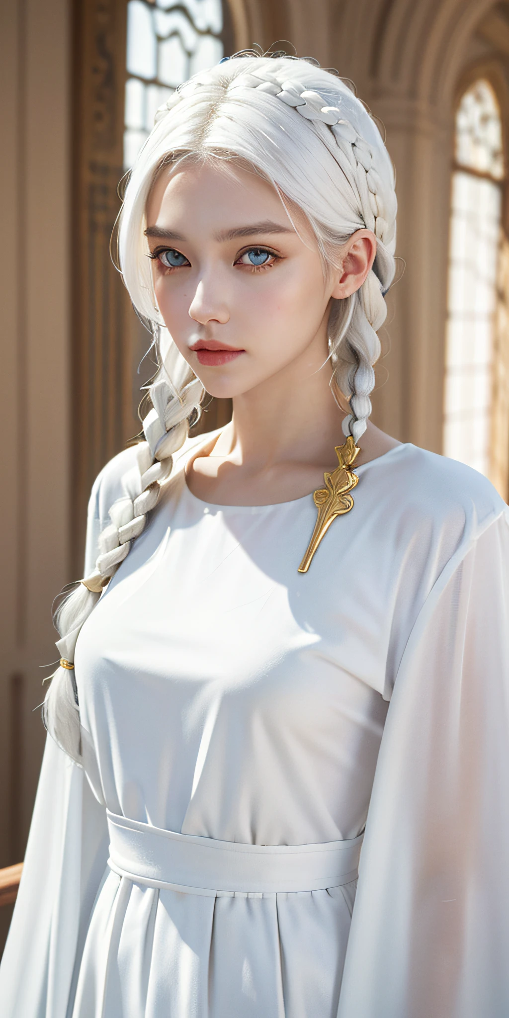 Excellent, masterpiece, white hair, golden eyes, white clothes, looking up, upper body, hair, fair skin, side braids, photo pose