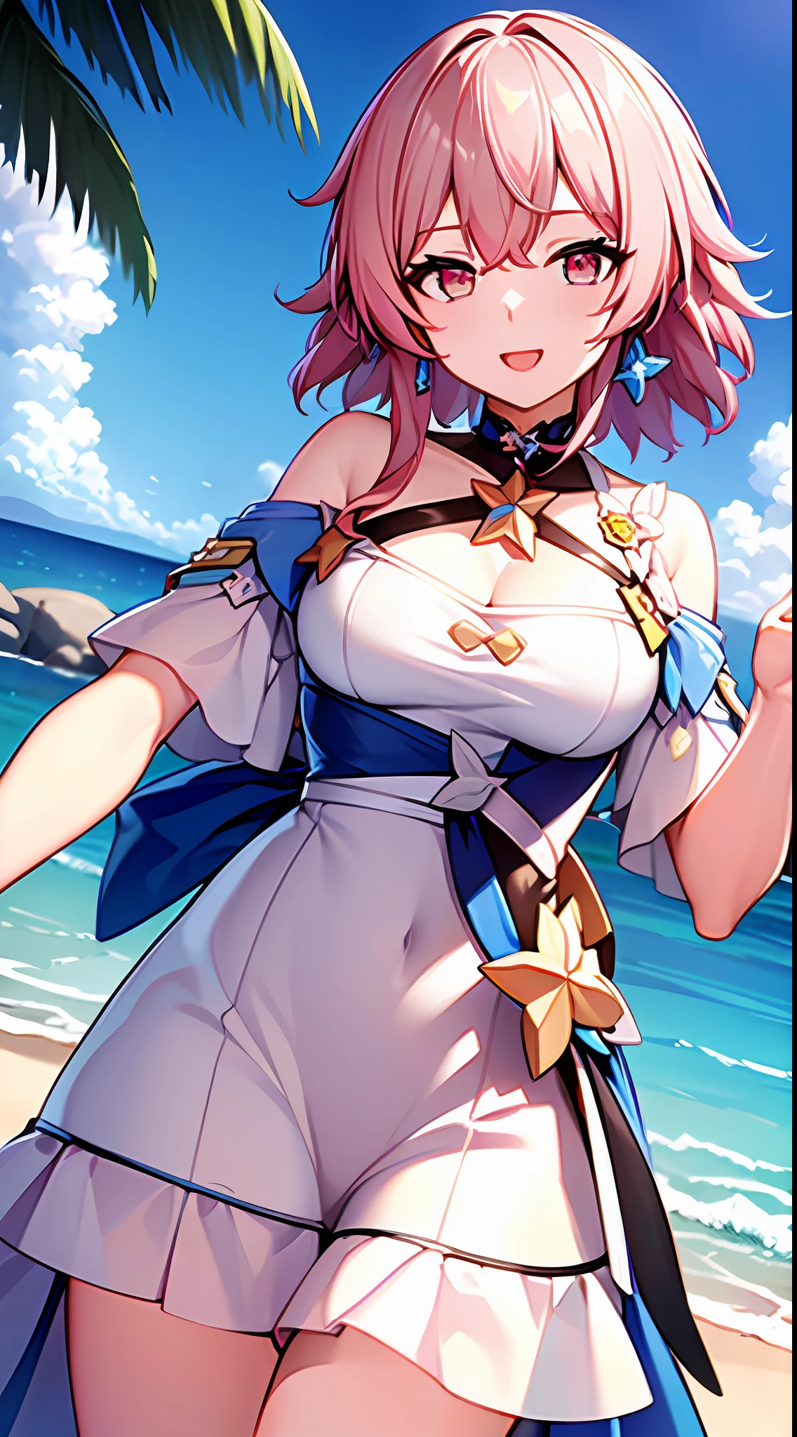 masterpiece, best quality, highy resolution, girl, solo, March 7th (Honkai star rail), captivating, attractive, gorgeus, smooth, , short hair, pink hair, blue summer dress, camara, happy, energetic, smooth, attractive, beach, sunny