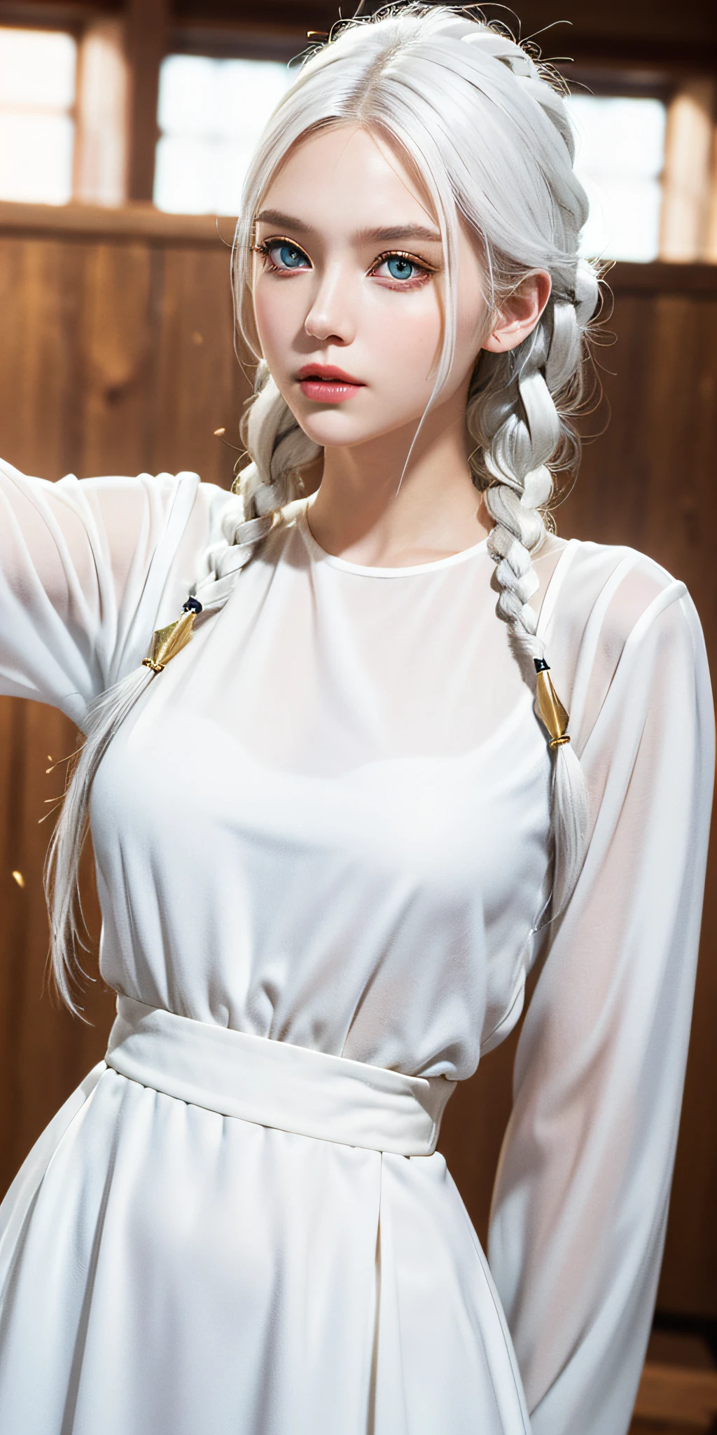 Excellent, masterpiece, white hair, golden eyes, white clothes, looking up, upper body, hair, fair skin, side braids, photo pose