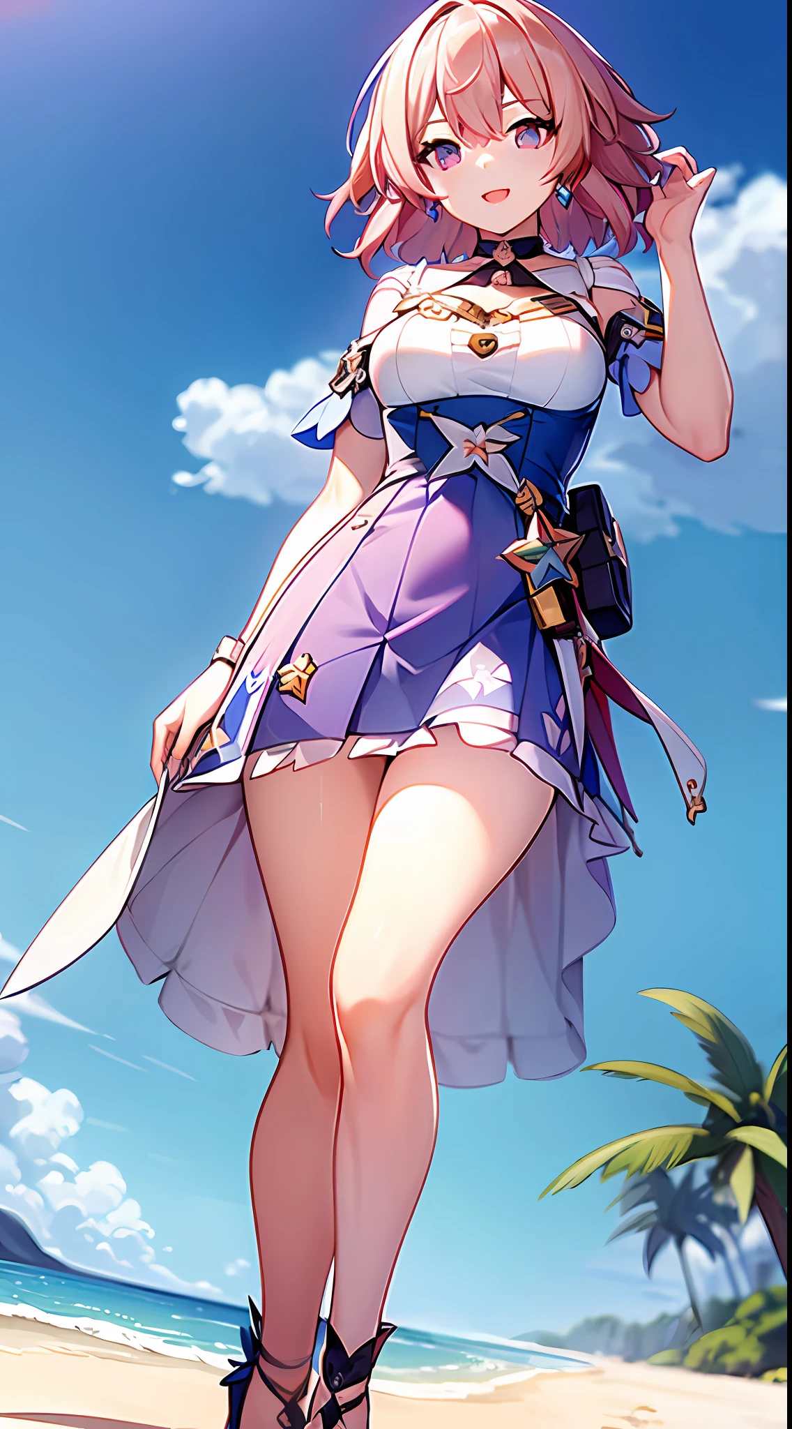masterpiece, best quality, highy resolution, girl, solo, March 7th (Honkai star rail), captivating, attractive, gorgeus, smooth, , short hair, pink hair, blue summer dress, camara, happy, energetic, smooth, attractive, beach, sunny