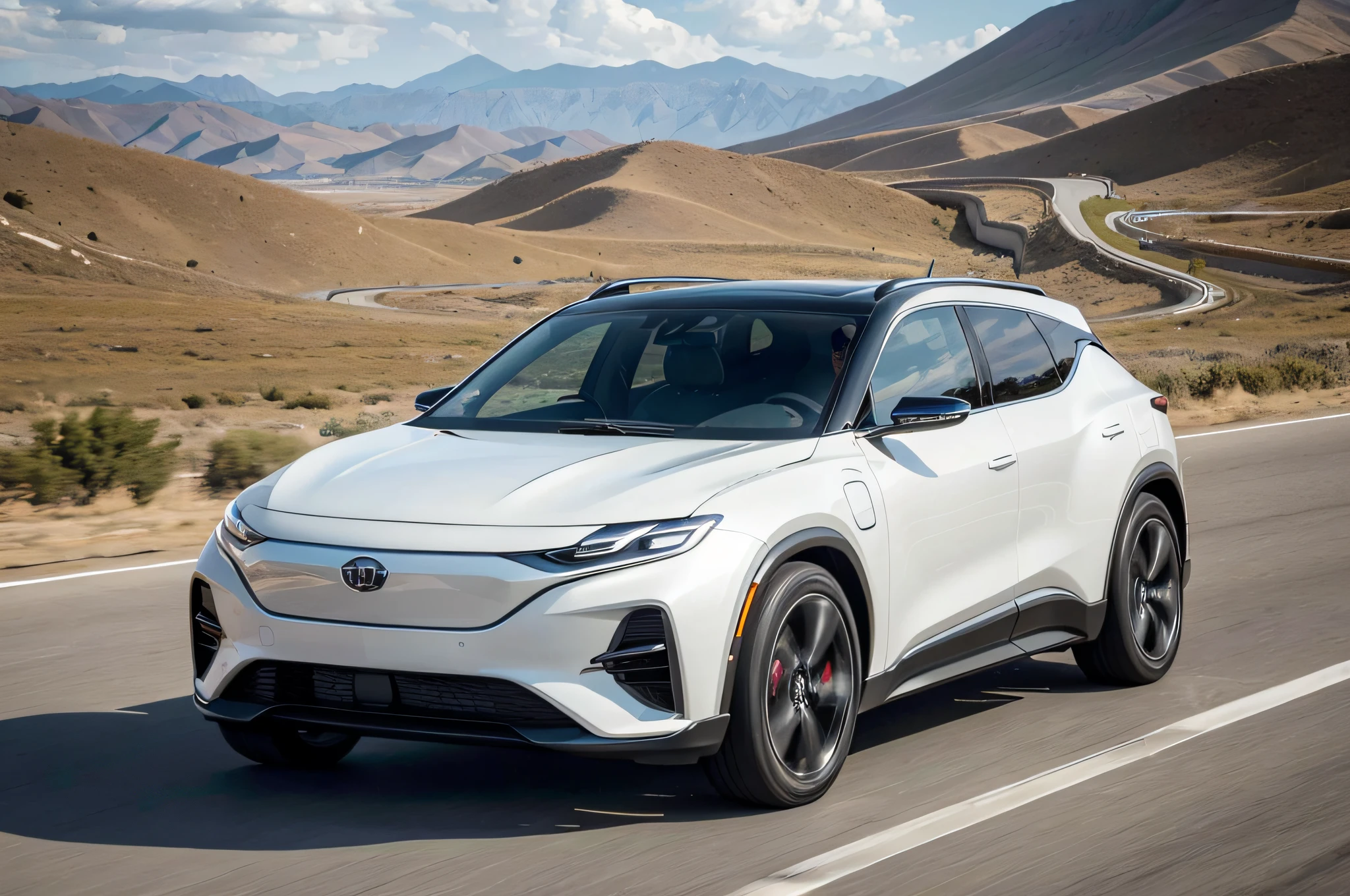 ray tracing, UHD, high quality, high detail, best quality, high resolution, 8k, a cool SUV, surrealism, electric car concept elements, noon, Tibetan plateau, motion blur, ultra wide angle, Eye-Level Shot.